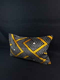 Black and Yellow Geometric Design Velvet Silk Ikat Pillow Cover