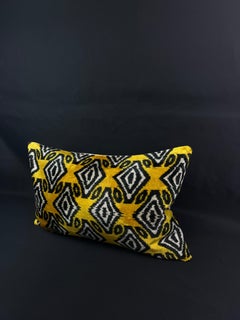 Black and Yellow Geometric Design Velvet Silk Ikat Pillow Cover