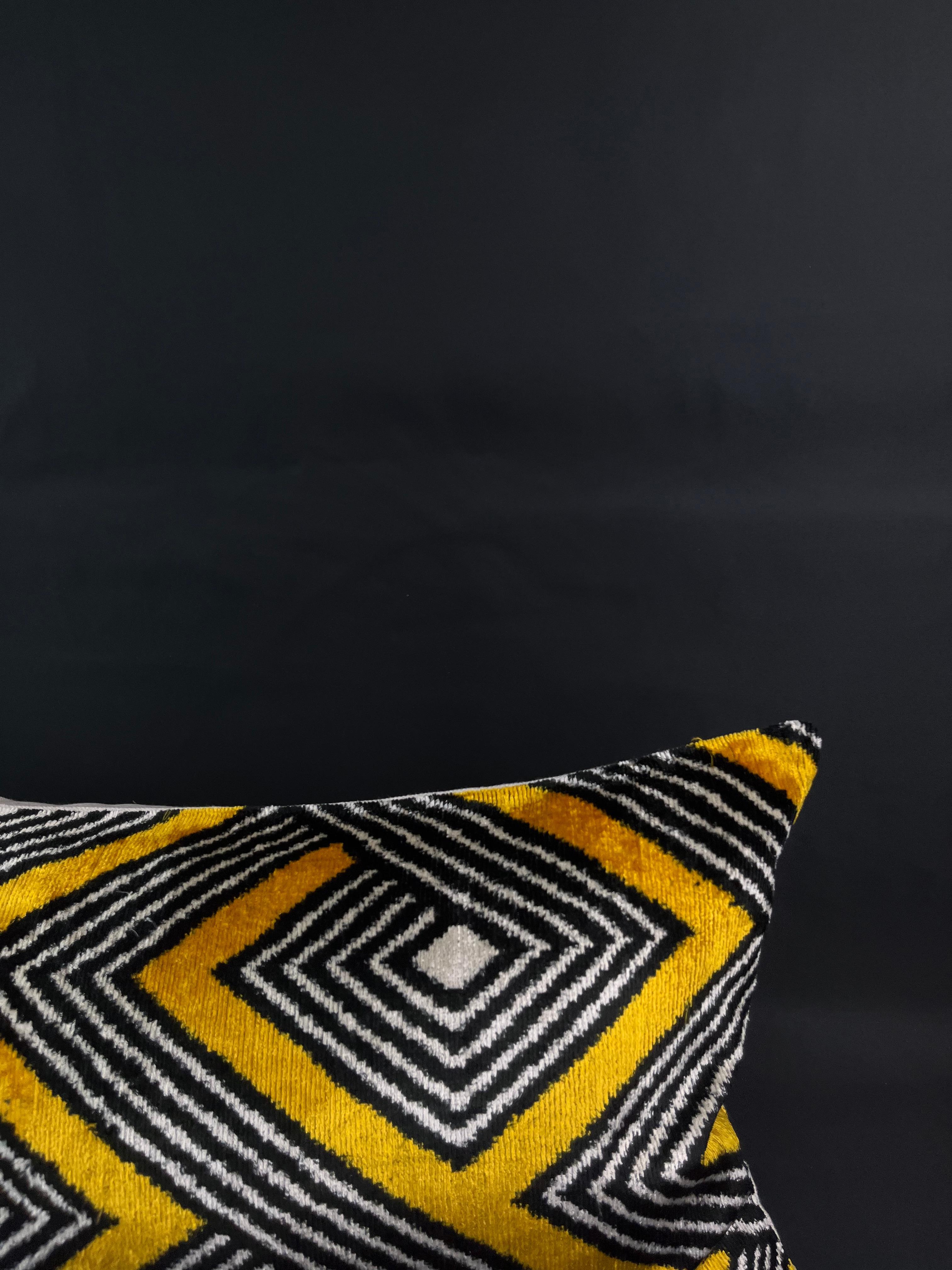Modern Black and Yellow Geometric Design Velvet Silk Ikat Pillow Cover For Sale