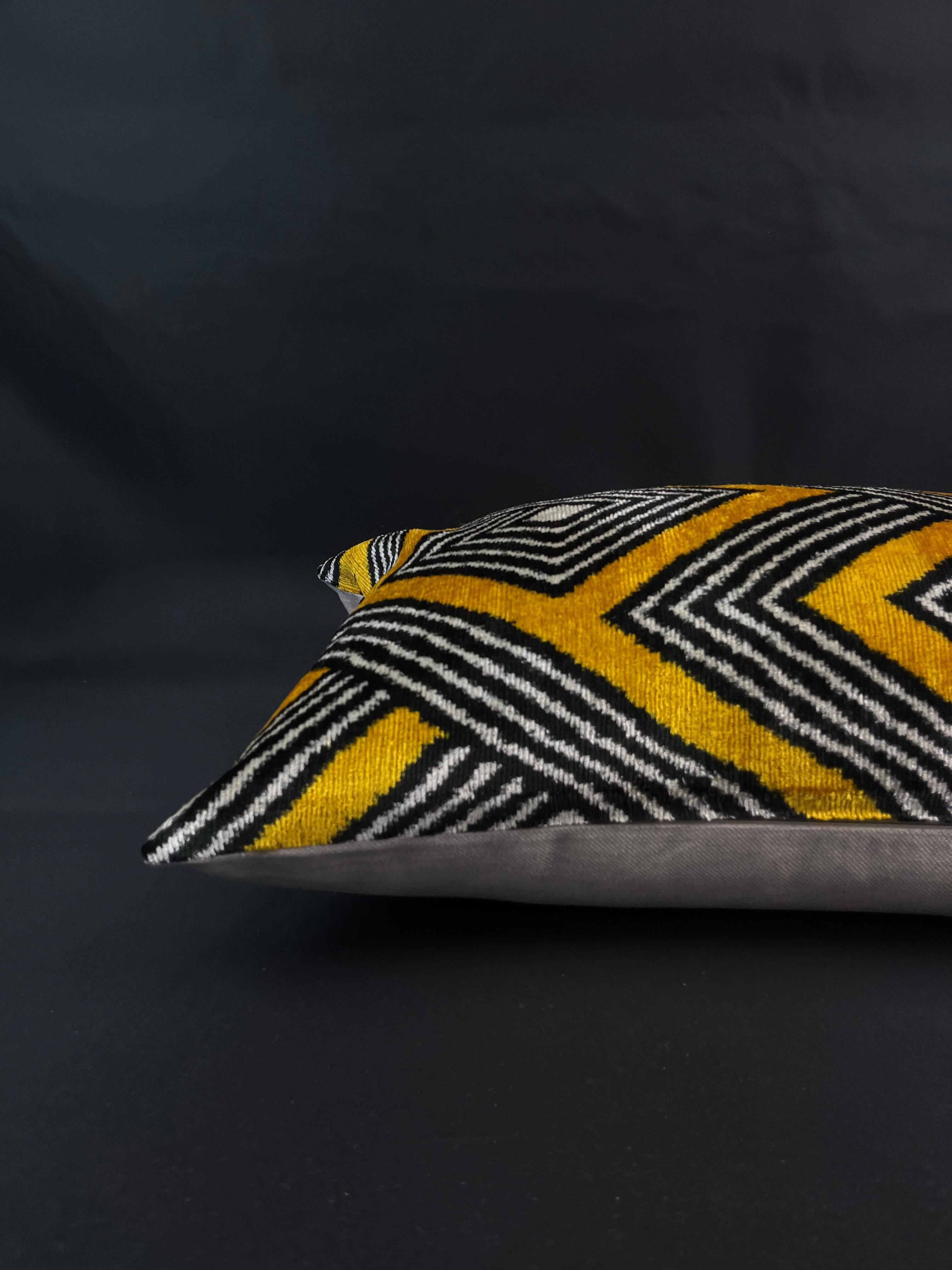 Turkish Black and Yellow Geometric Design Velvet Silk Ikat Pillow Cover For Sale