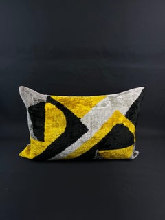 Black and Yellow Velvet Silk Ikat Pillow Cover
