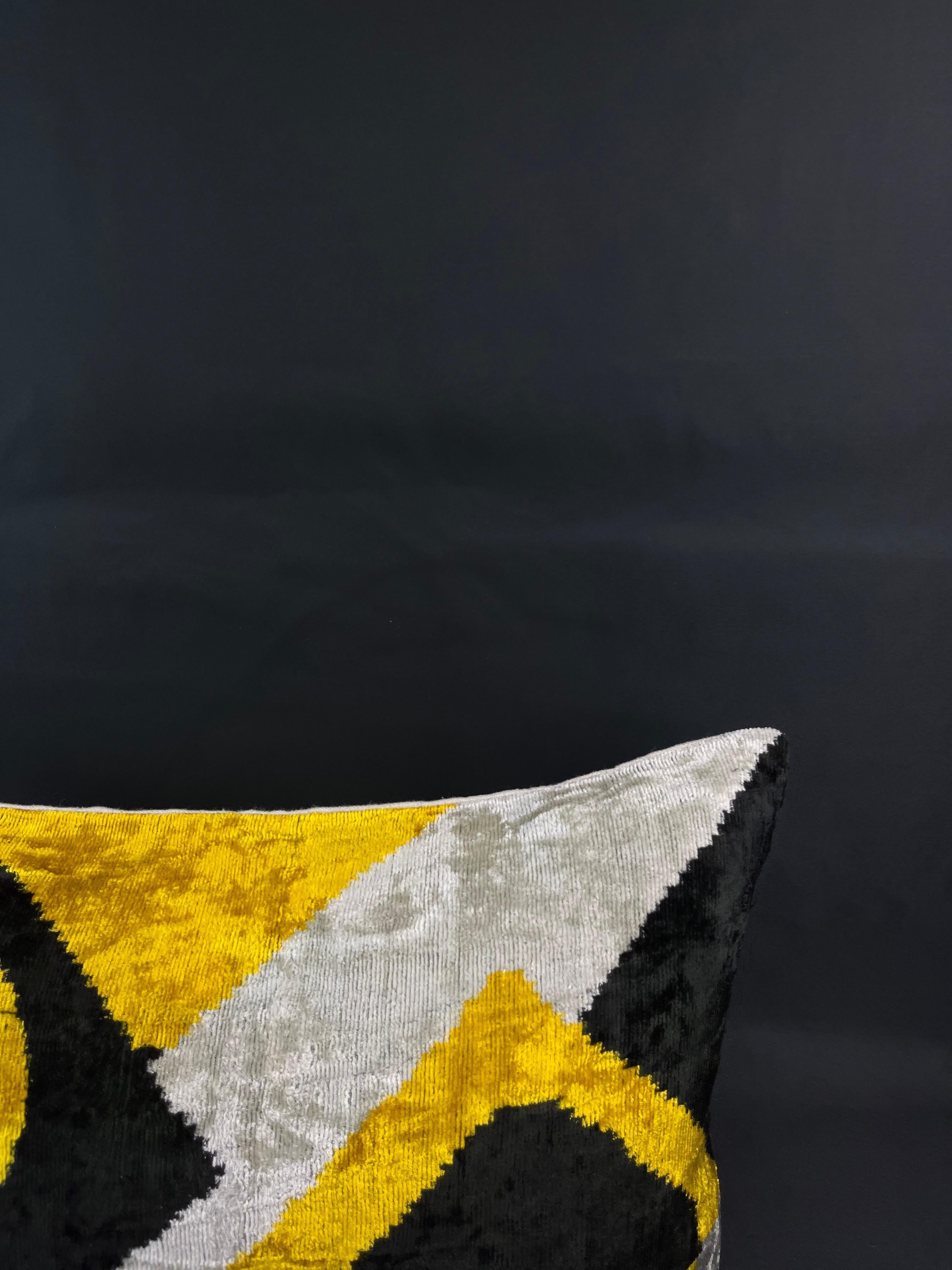 Turkish Black and Yellow Velvet Silk Ikat Pillow Cover For Sale