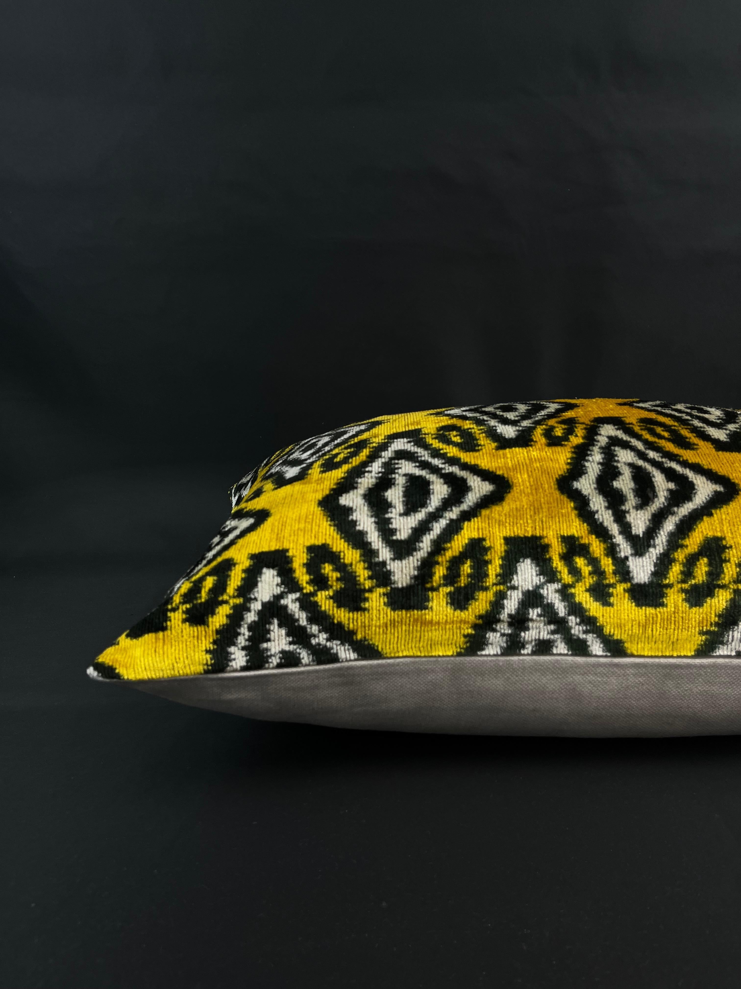 Turkish Black and Yellow Velvet Silk Ikat Pillow Cover For Sale