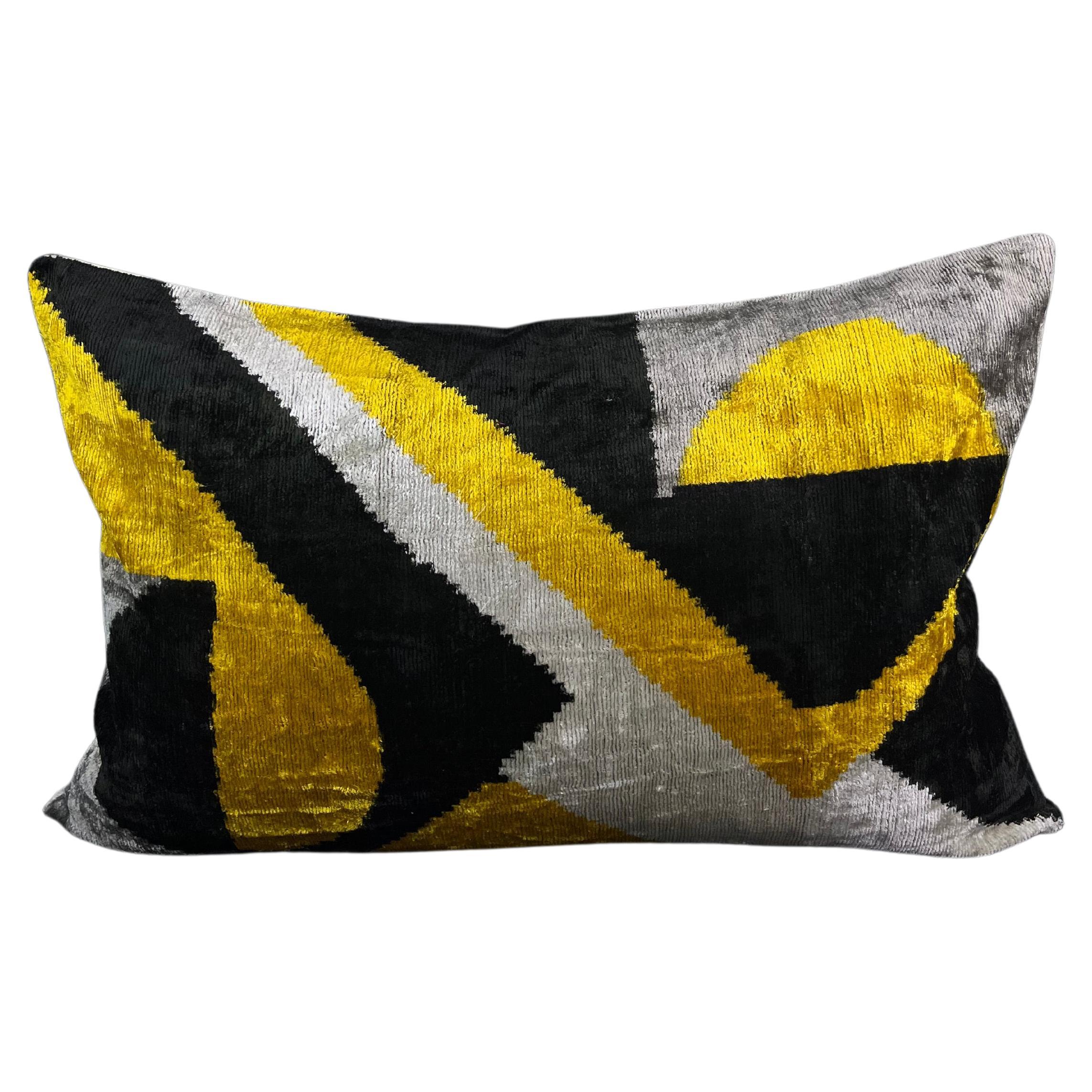 Black and Yellow Velvet Silk Ikat Pillow Cover For Sale