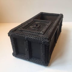 Black Antique Danish Folk Art Tobacco, Tea Box with Sliding 'Door'