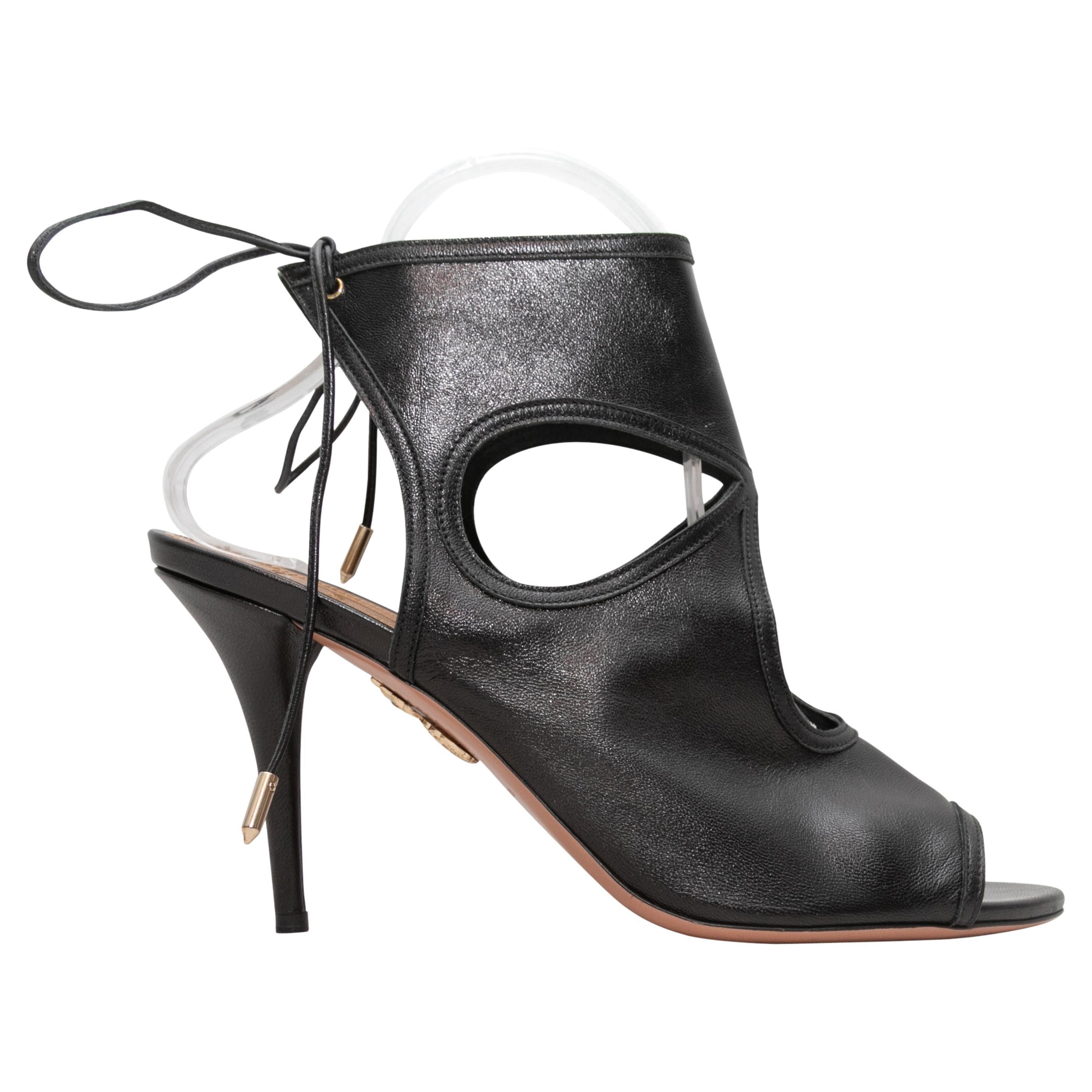 Black Aquazzura Leather Cutout Peep-Toe Booties Size 40.5 For Sale