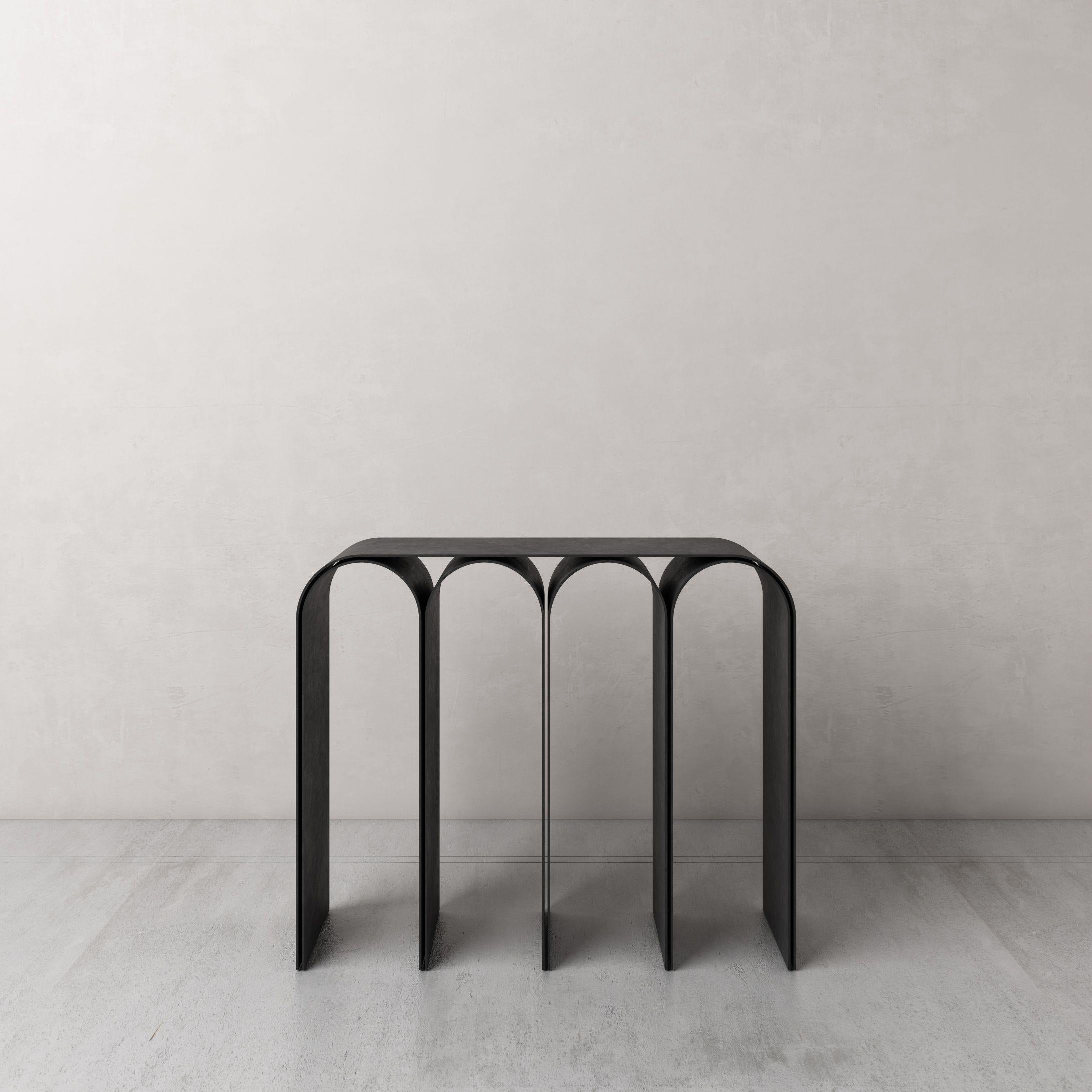 Gold arch console by Pietro Franceschini
Sold exclusively by Galerie Philia
Manufacturer: Prinzivalli
Dimensions: W 103 x L 30 x H 86 cm
Materials: Steel (Black finish)

Also available:
Steel (brass finish, blackened, satin, polished)
Brass