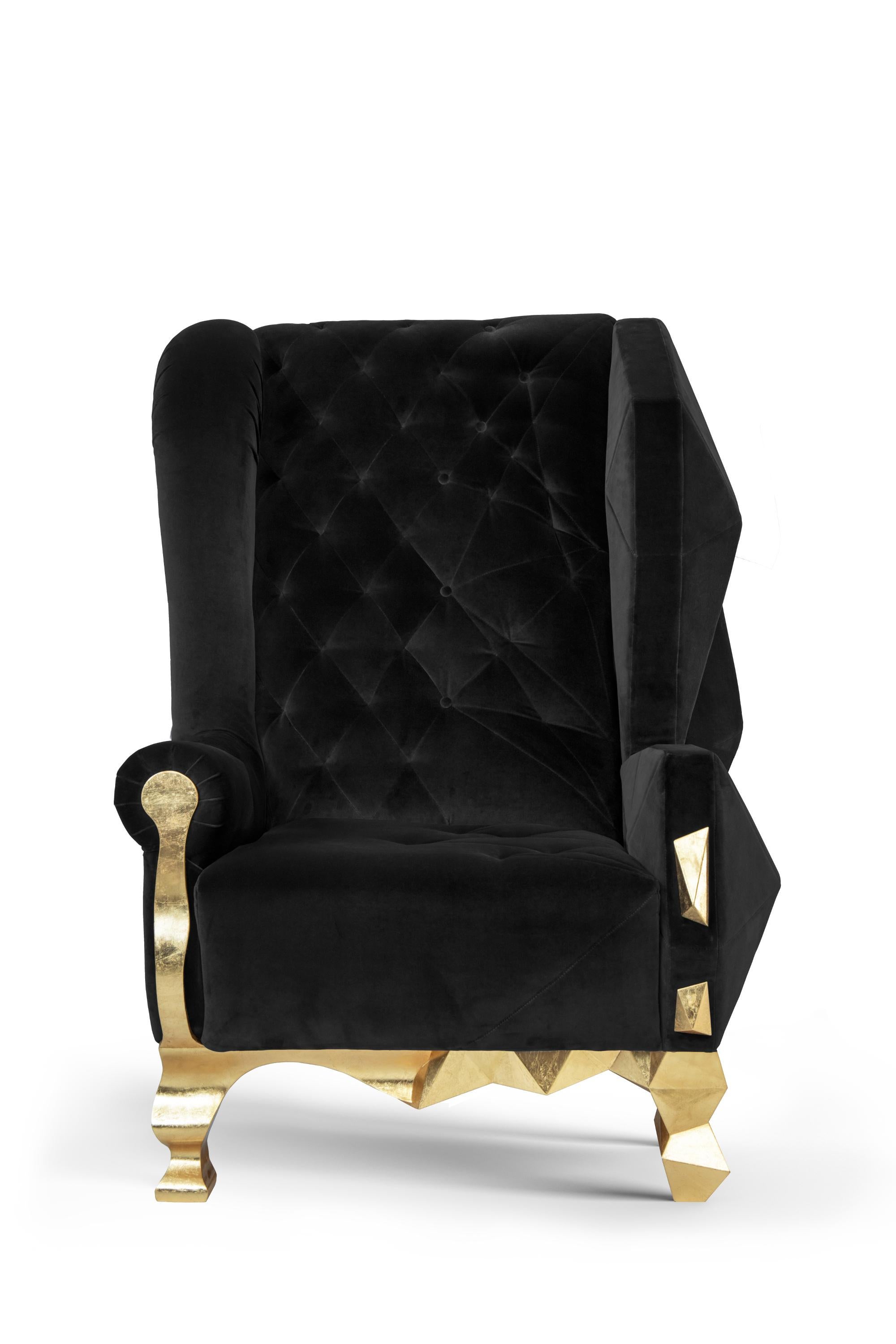 Black Rockchair by Royal Stranger
Dimensions: Width 98cm, height 135cm, depth 99cm
Different upholstery colors and finishes are available. Brass, copper or stainless steel in polished or brushed finish.
Materials: velvet on the top of the gold