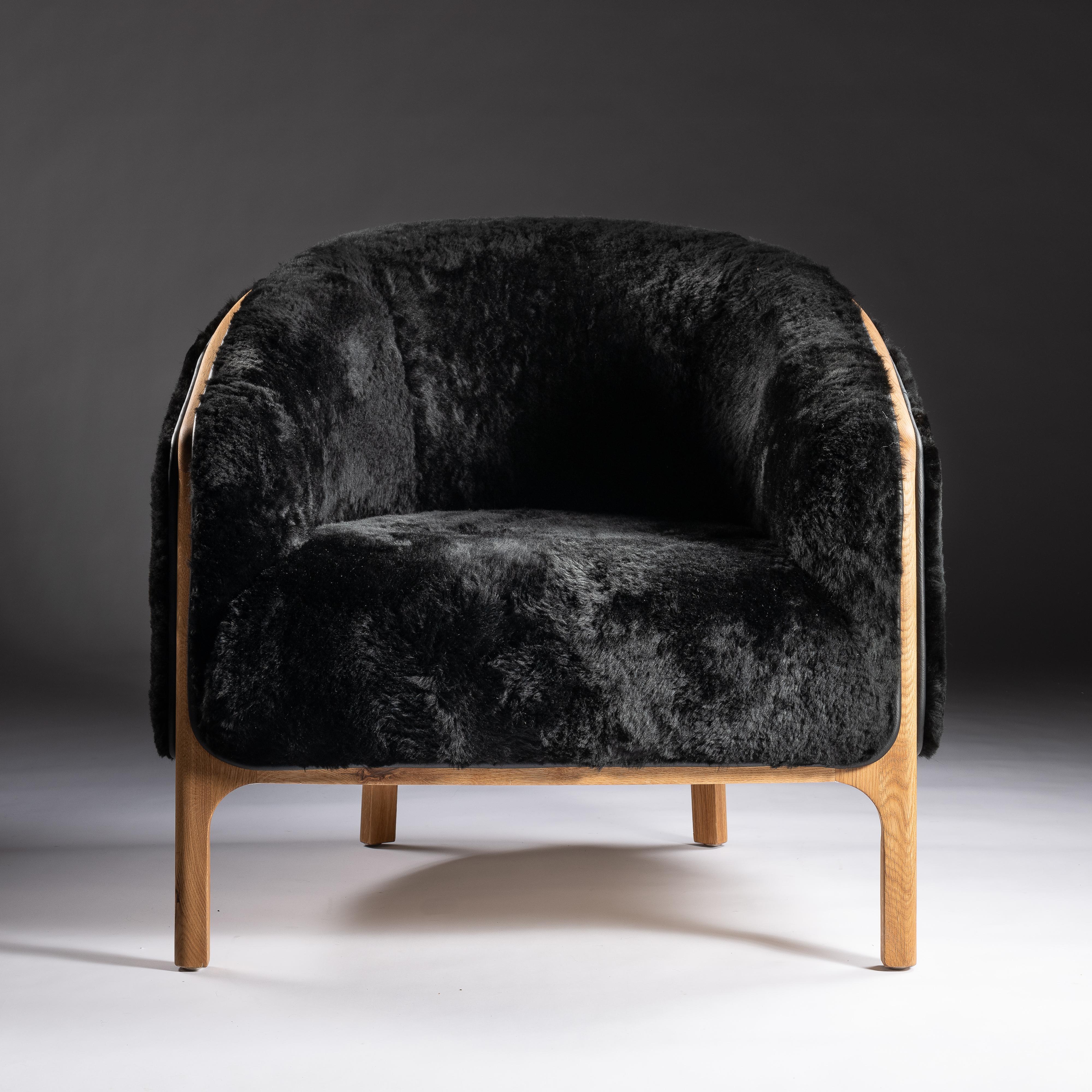 Contemporary Black Armchair with Shearling Upholstery, Osaka For Sale