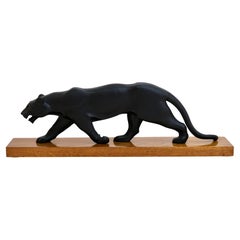 Black Art Deco Black Panther Sculpture on an Oak Base by L. Houzeaux