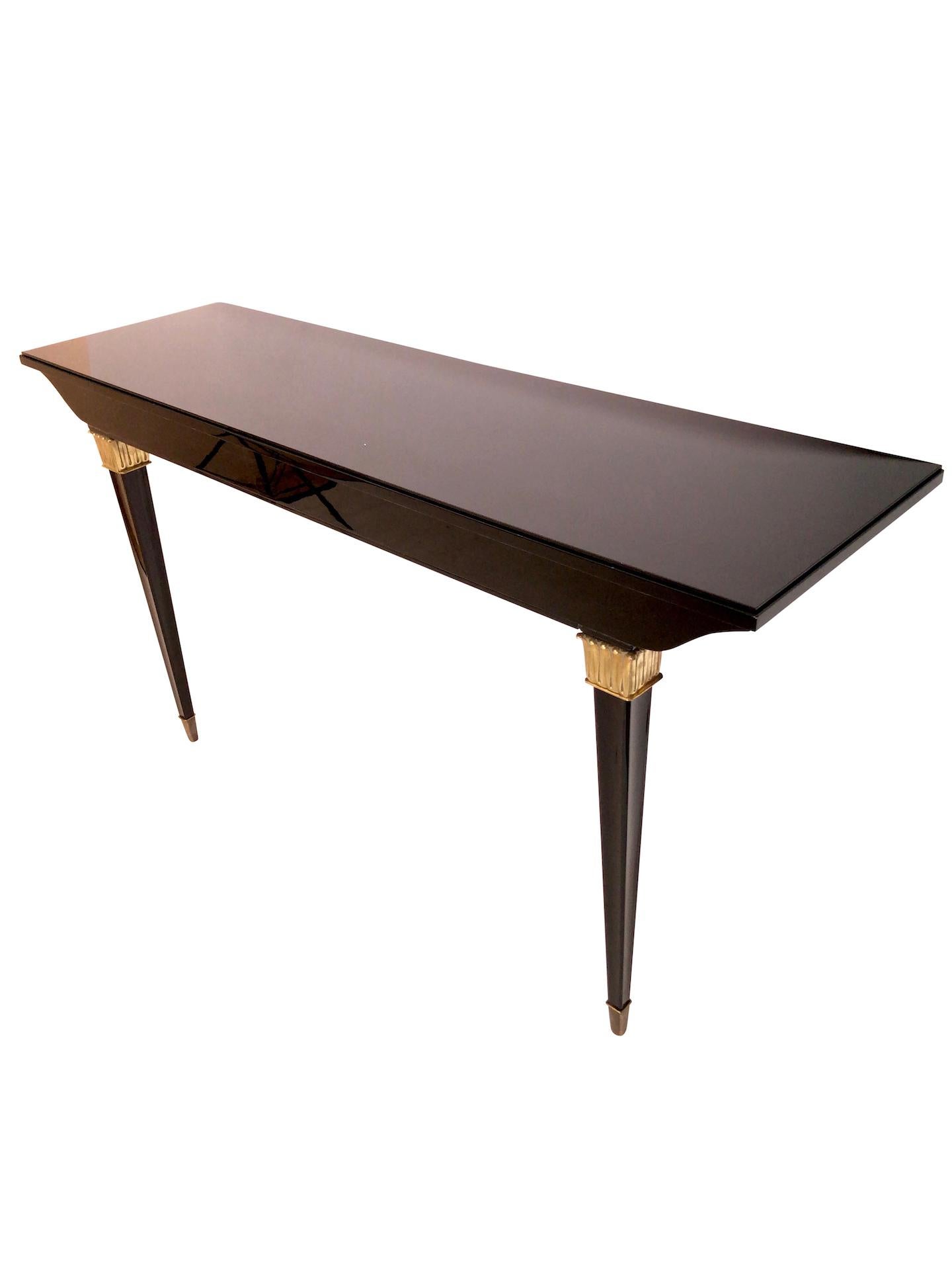 Brass Black Art Deco Console Table Two Thin Feed Metal Sabots and Golden Applications For Sale