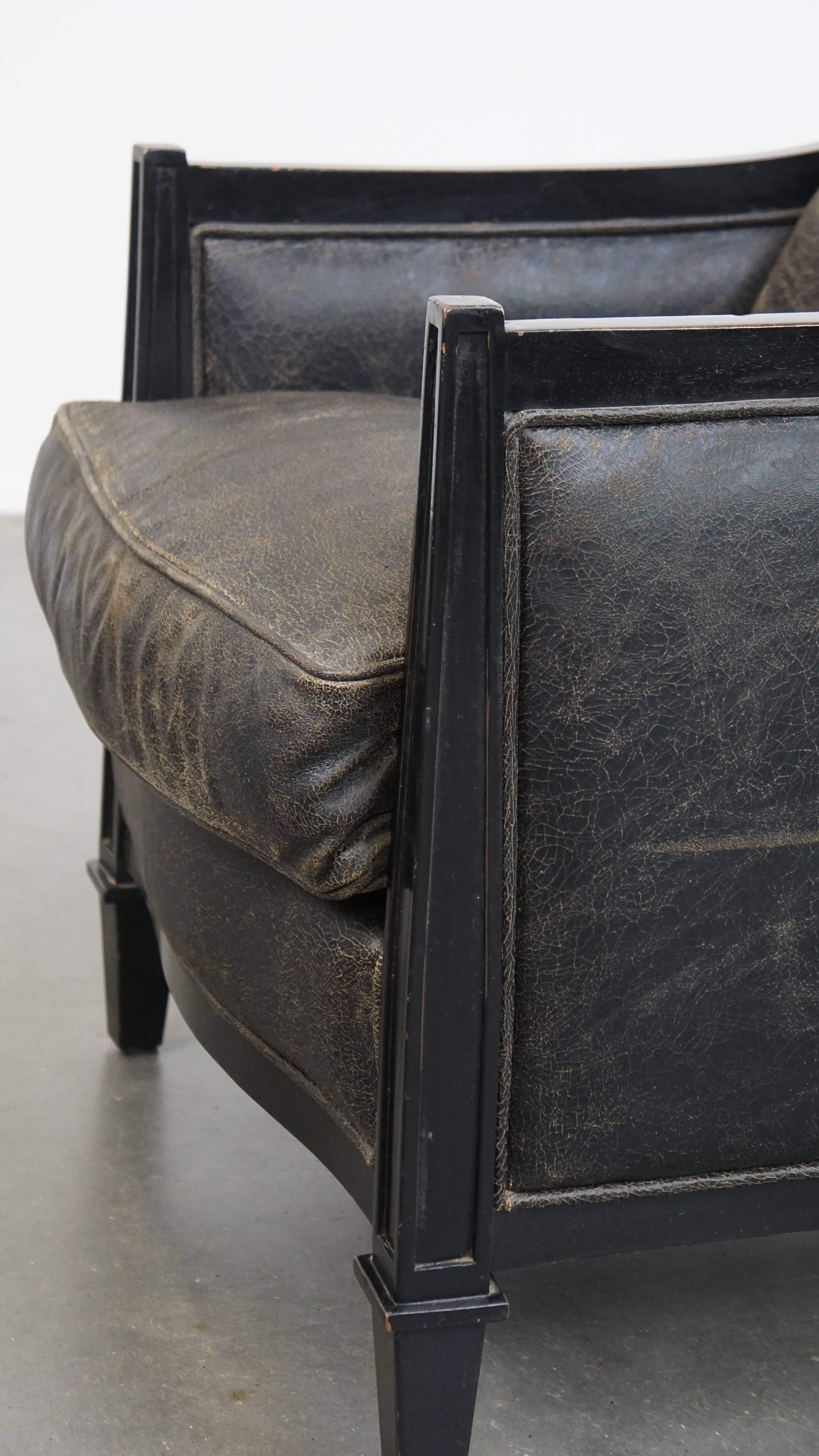 Black Art Deco design cowhide leather and wooden armchair with a loose cushion For Sale 4