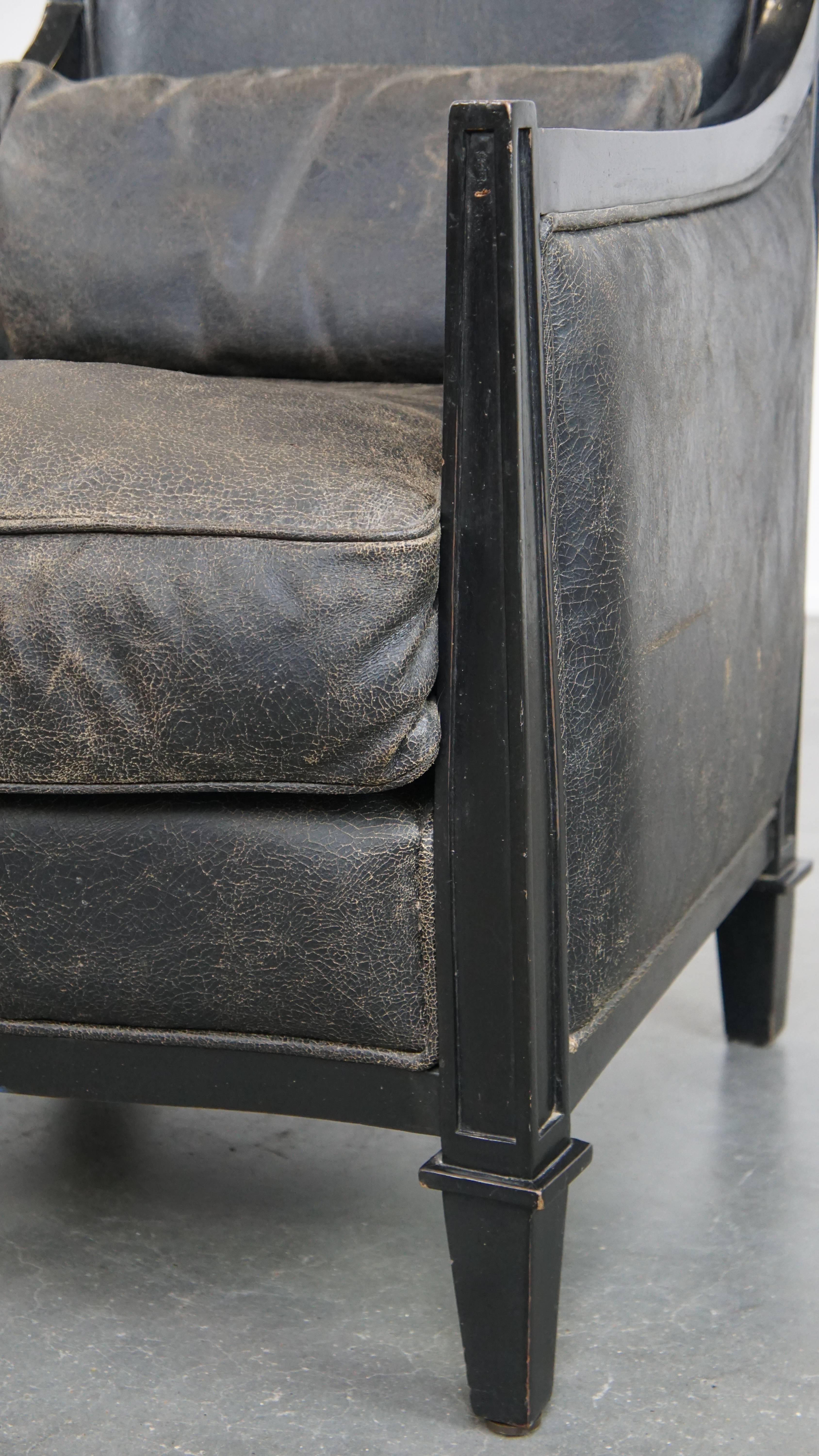 Black Art Deco design cowhide leather and wooden armchair with a loose cushion For Sale 5