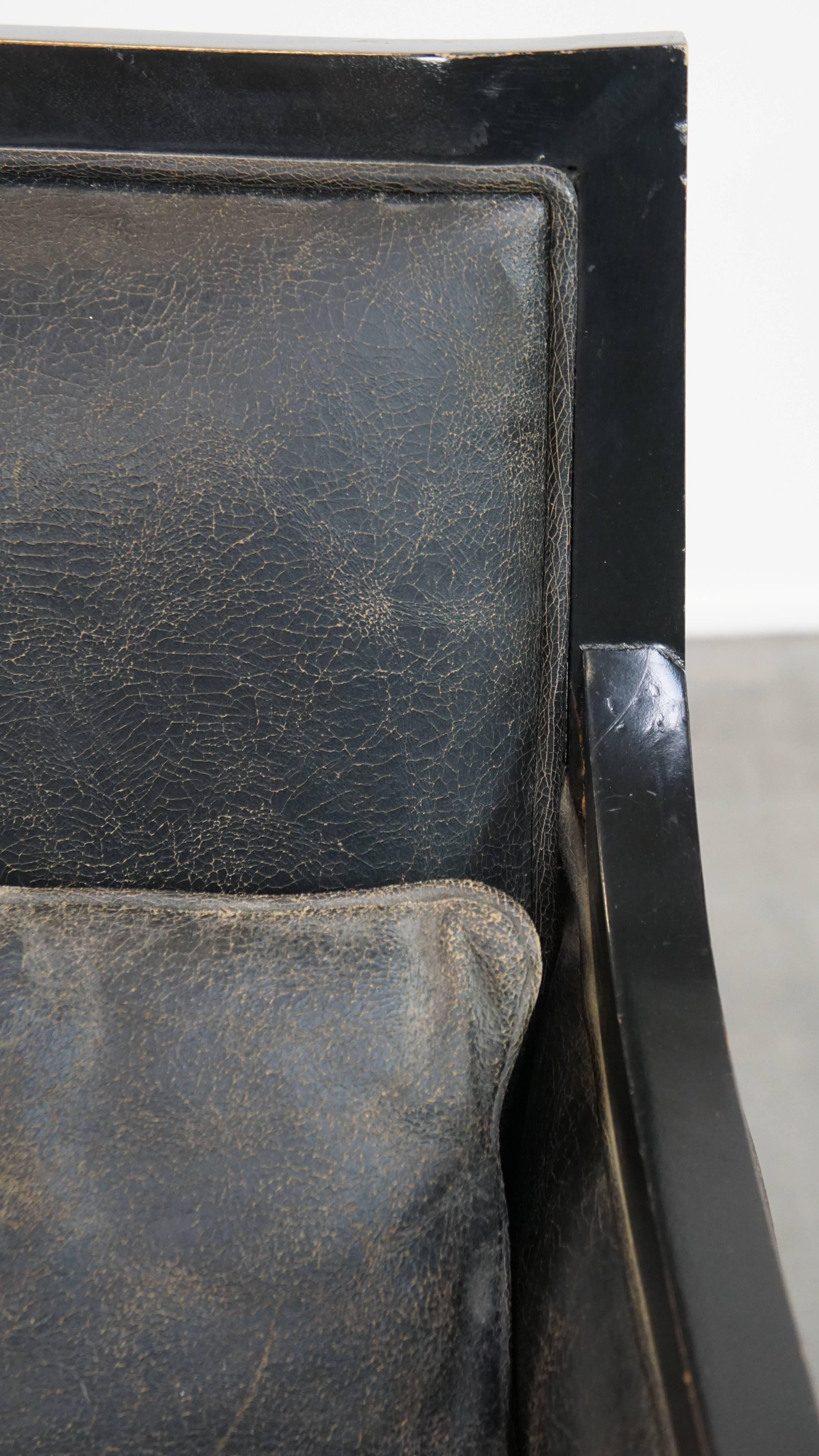 Black Art Deco design cowhide leather and wooden armchair with a loose cushion For Sale 6