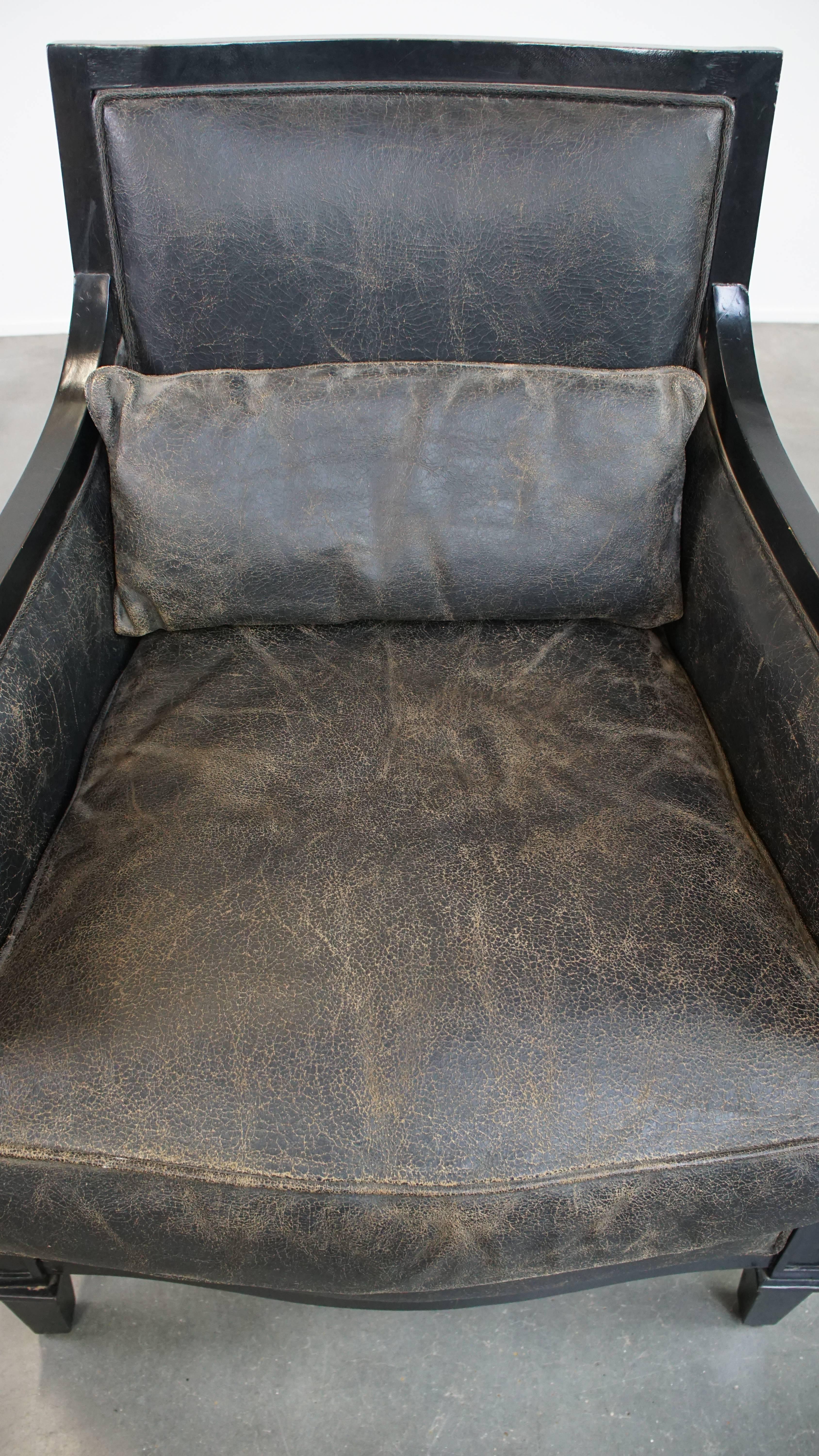 Black Art Deco design cowhide leather and wooden armchair with a loose cushion For Sale 1