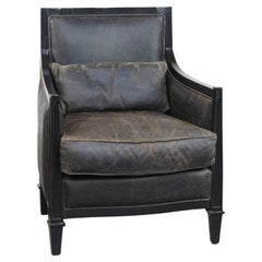 Fauteuil Art Déco noir en cuir de vachette et bois avec un coussin libre