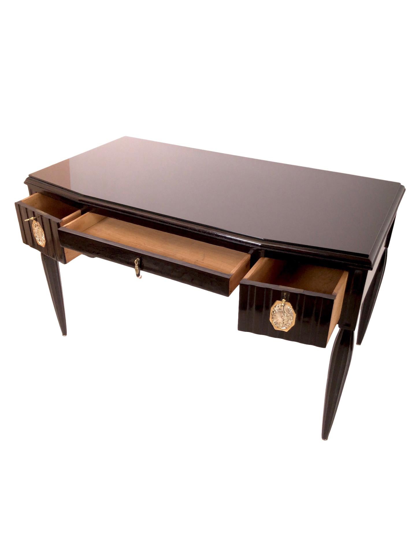 French Black Art Deco Desk with Silver and Golden Art Deco Pattern and Channeled Legs For Sale