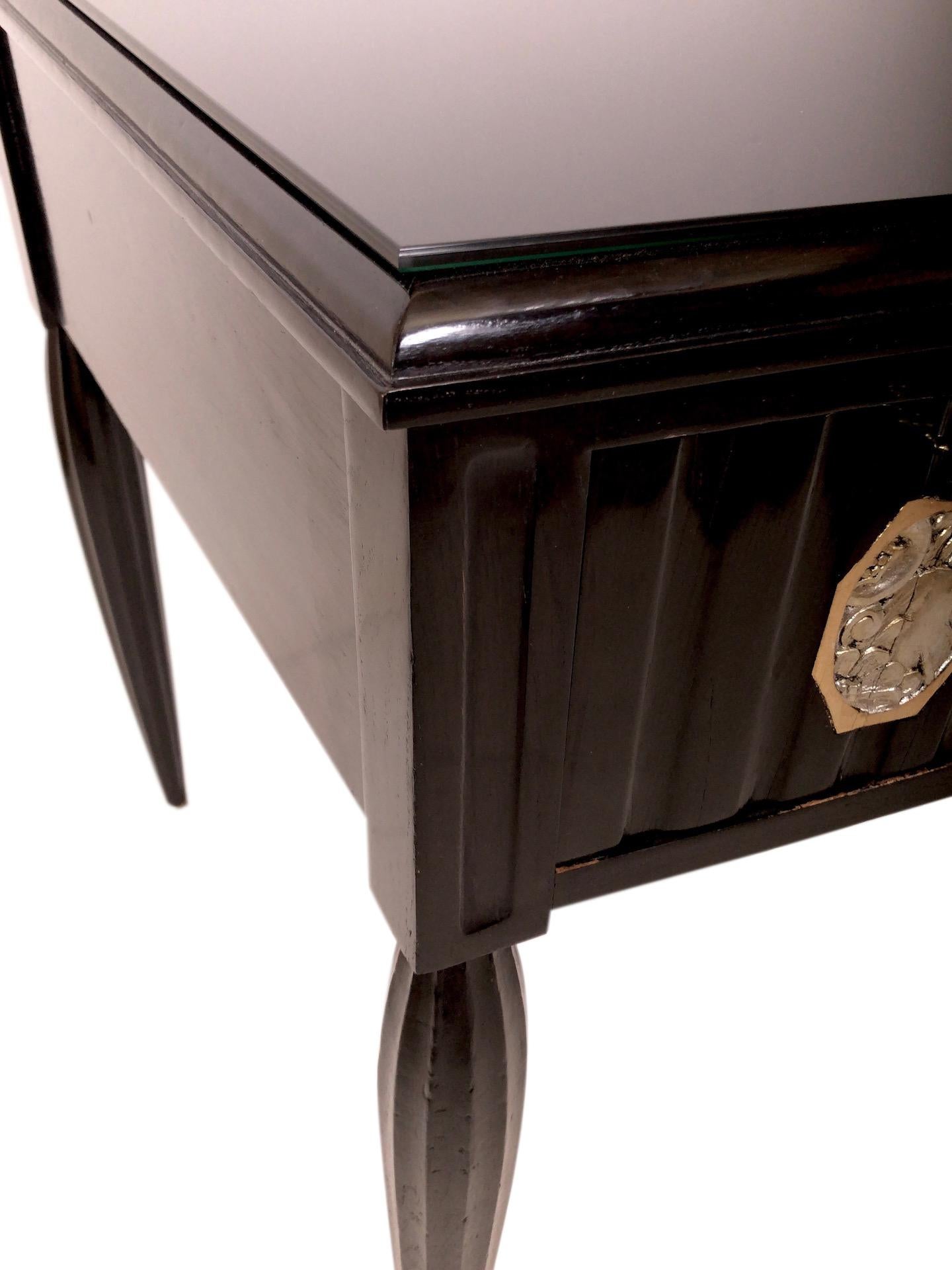 Wood Black Art Deco Desk with Silver and Golden Art Deco Pattern and Channeled Legs For Sale