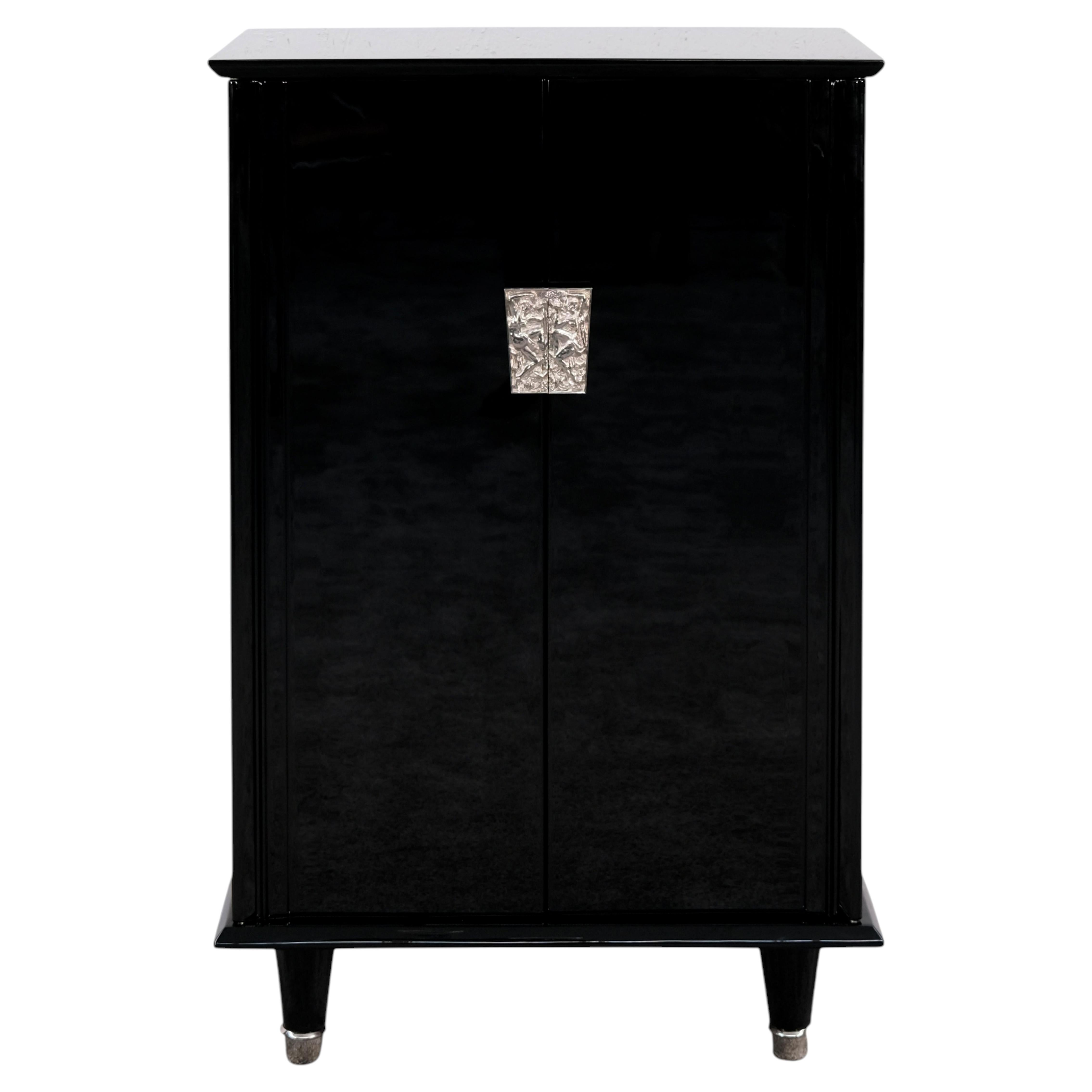 1940s French Art Deco Dry Bar Cabinet in High-Gloss Black Lacquer
