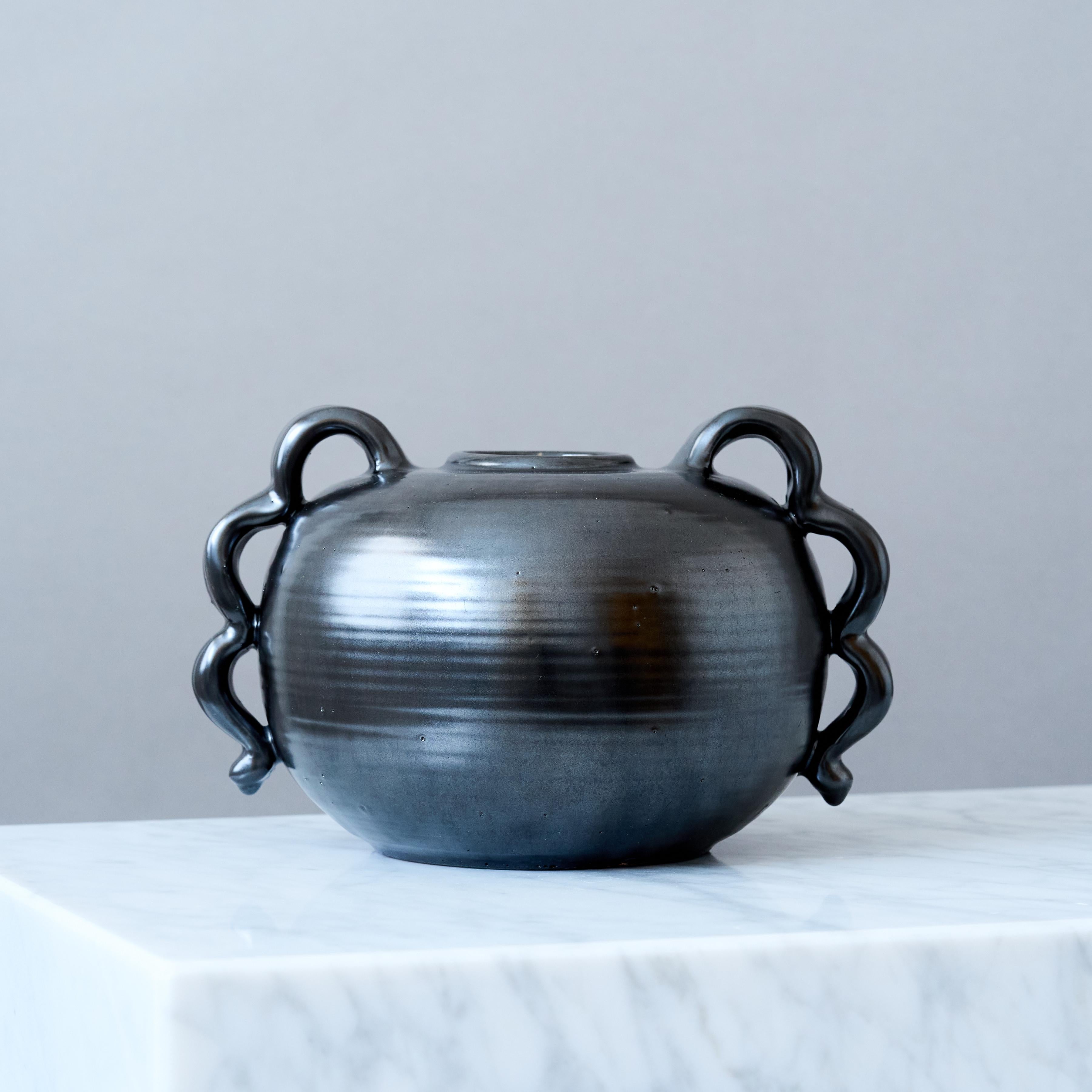 Swedish Black Art Deco Earthenware Globe Vase, Sweden, 1940s. For Sale