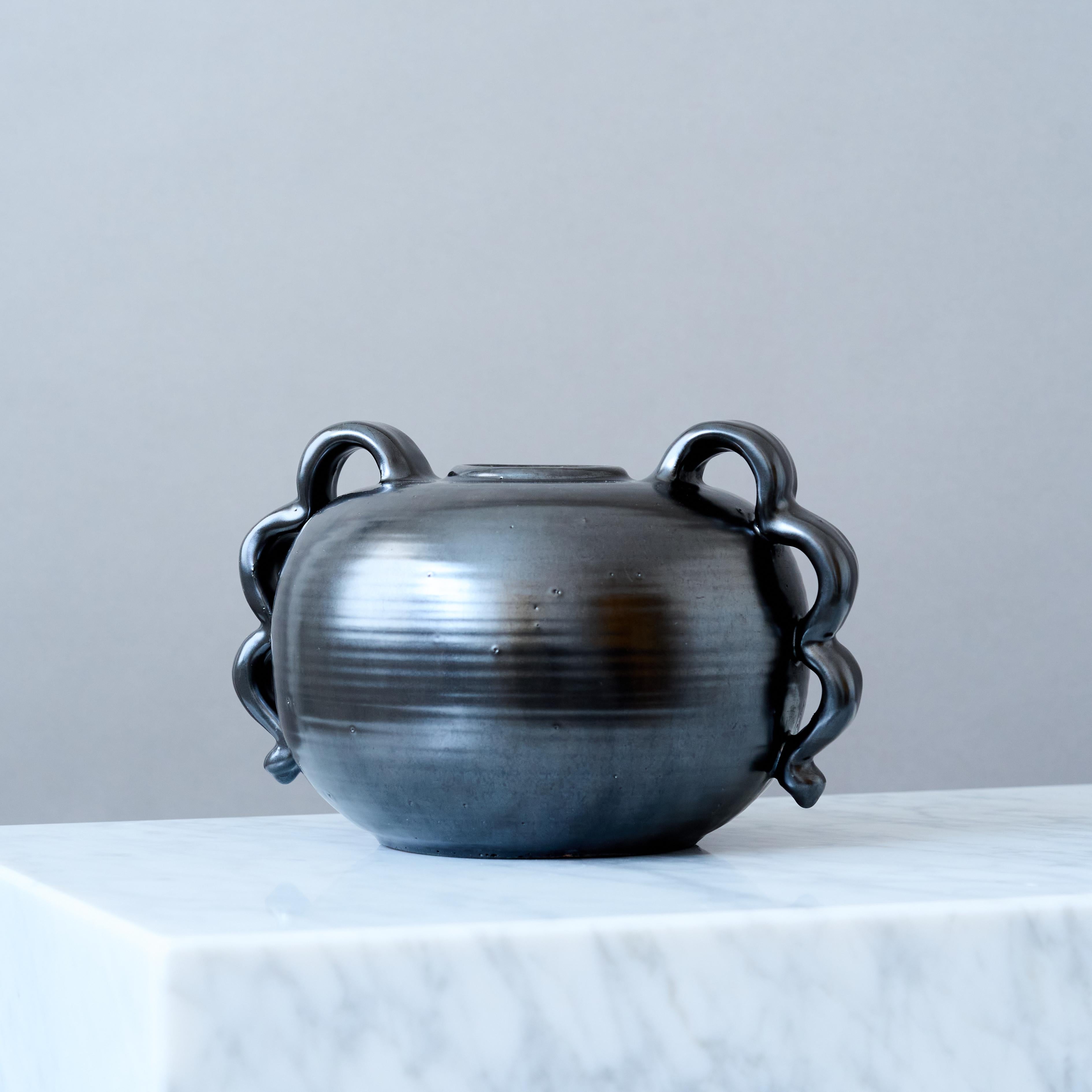 Glazed Black Art Deco Earthenware Globe Vase, Sweden, 1940s. For Sale