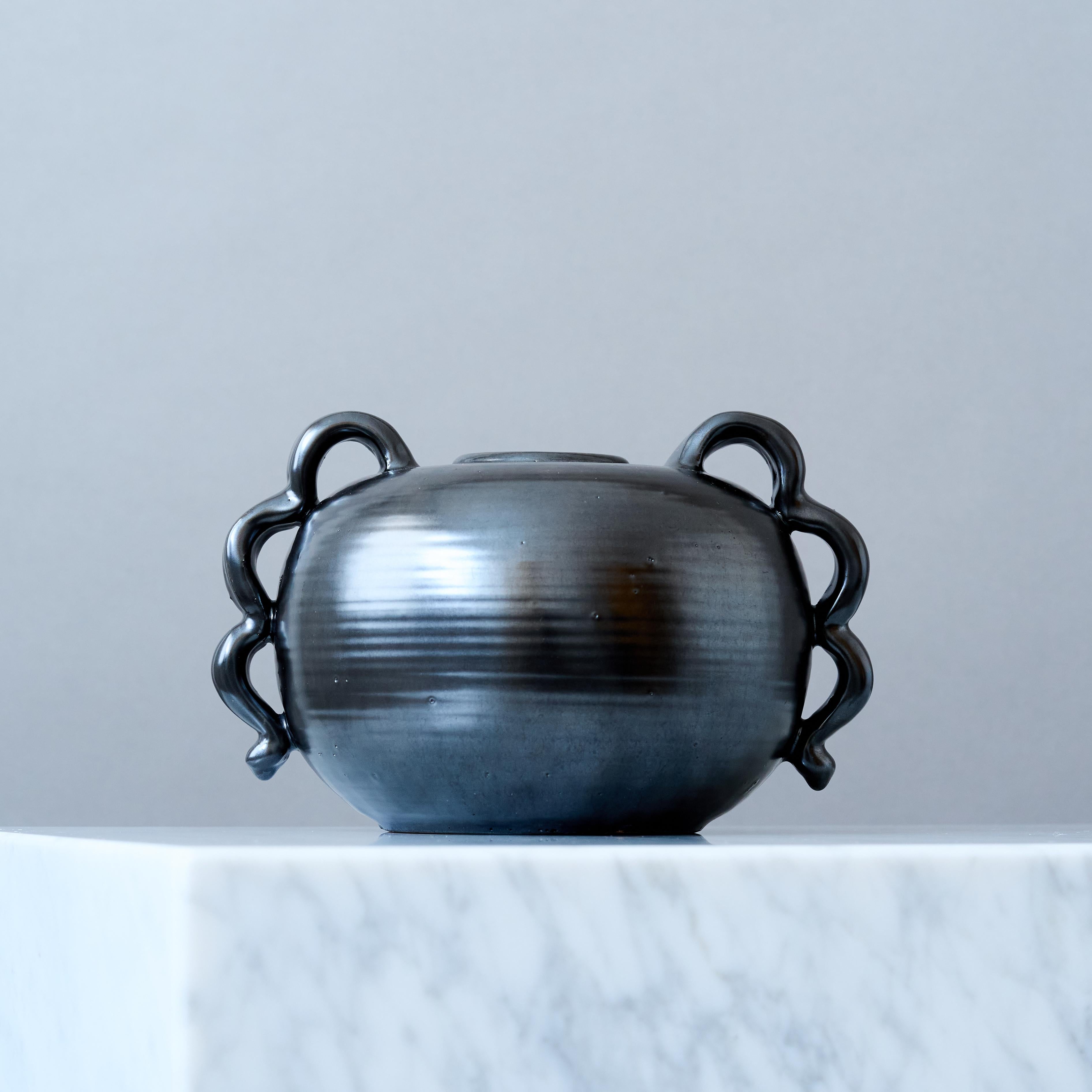 20th Century Black Art Deco Earthenware Globe Vase, Sweden, 1940s. For Sale