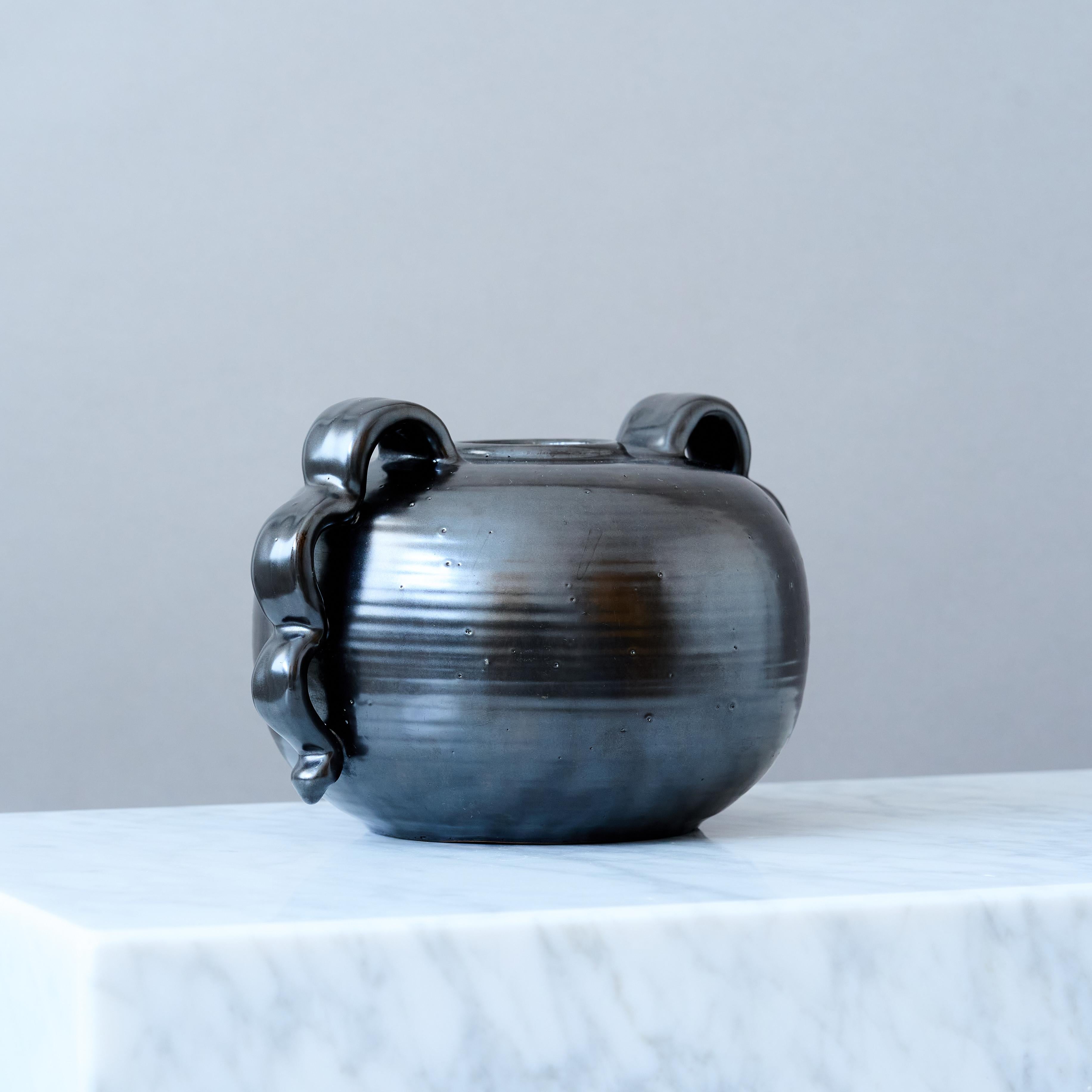 Ceramic Black Art Deco Earthenware Globe Vase, Sweden, 1940s. For Sale