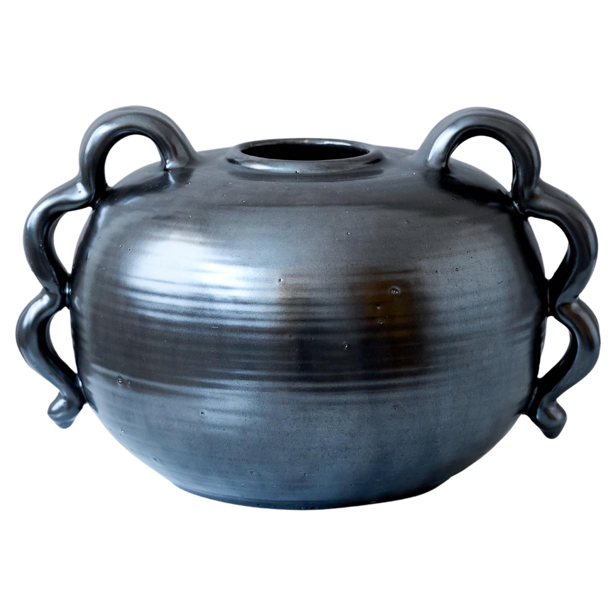 Black Art Deco Earthenware Globe Vase, Sweden, 1940s. For Sale