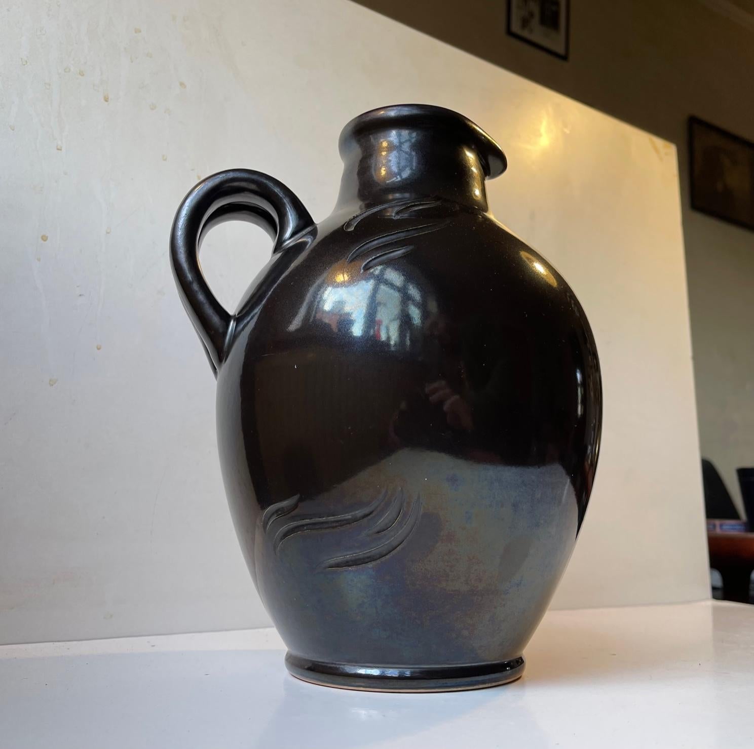 Black Art Deco Fish Vase in Glazed Terracotta by Michael Andersen & Son, 1940s 5