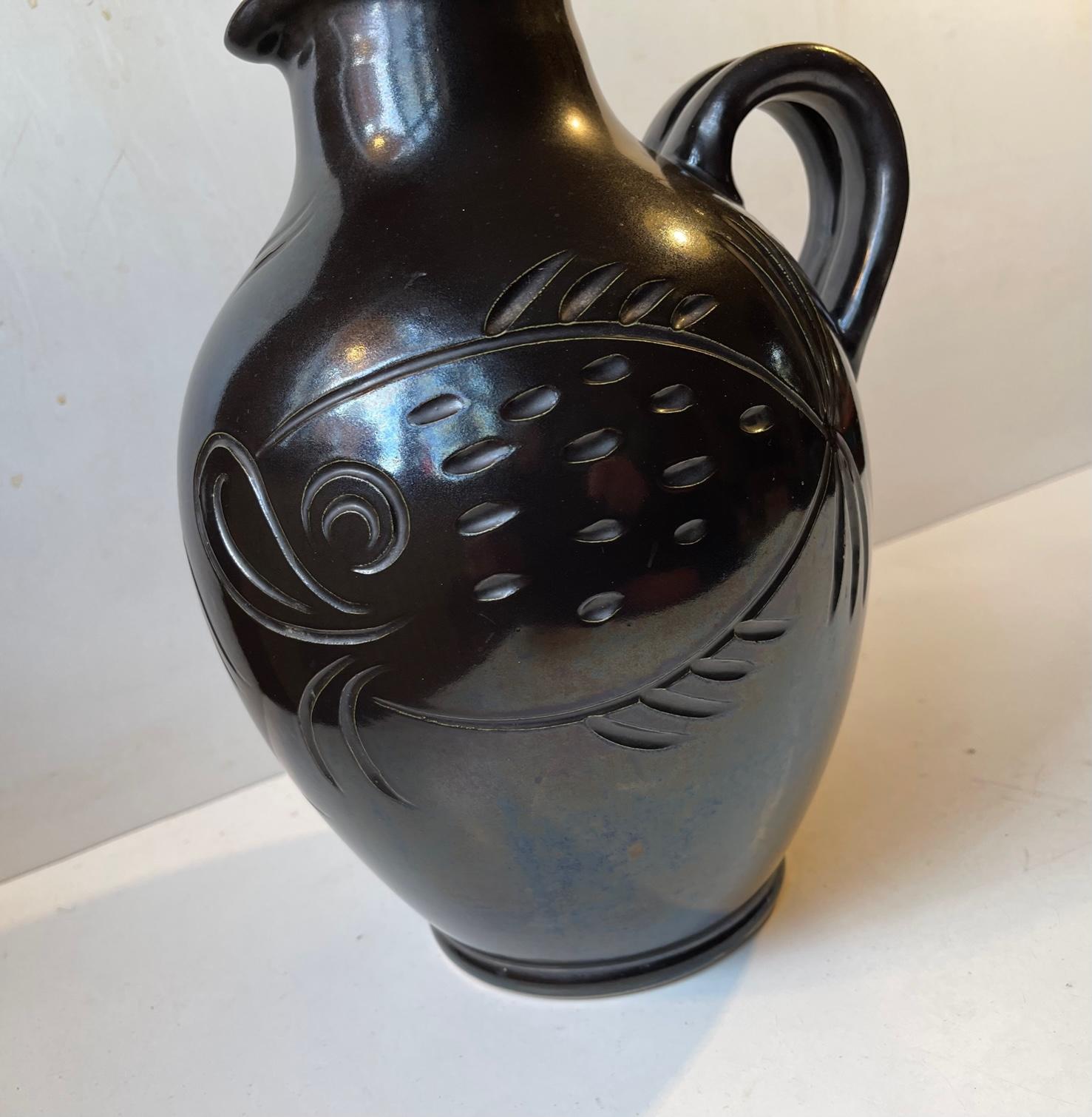 Mid-20th Century Black Art Deco Fish Vase in Glazed Terracotta by Michael Andersen & Son, 1940s