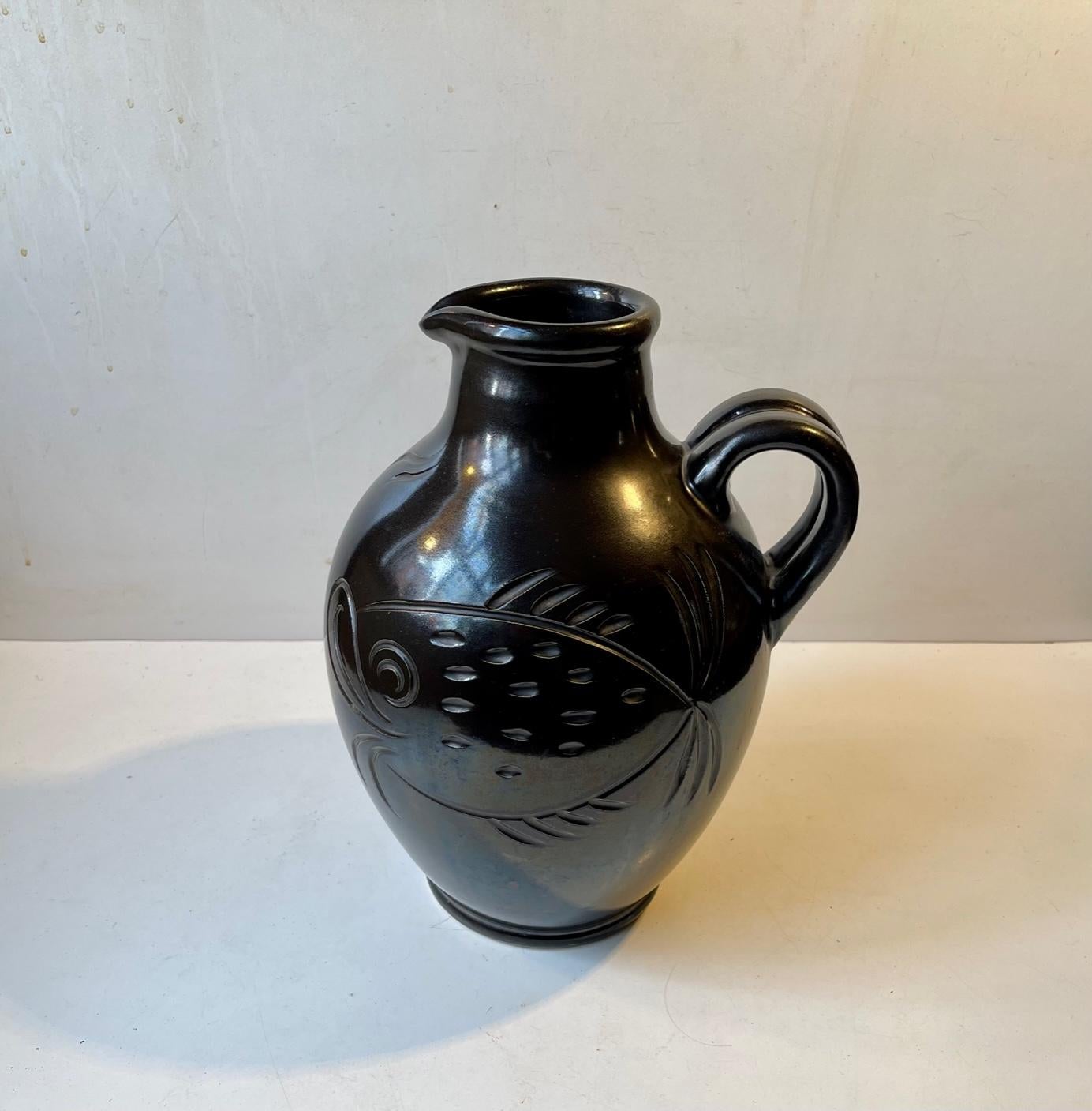 Ceramic Black Art Deco Fish Vase in Glazed Terracotta by Michael Andersen & Son, 1940s