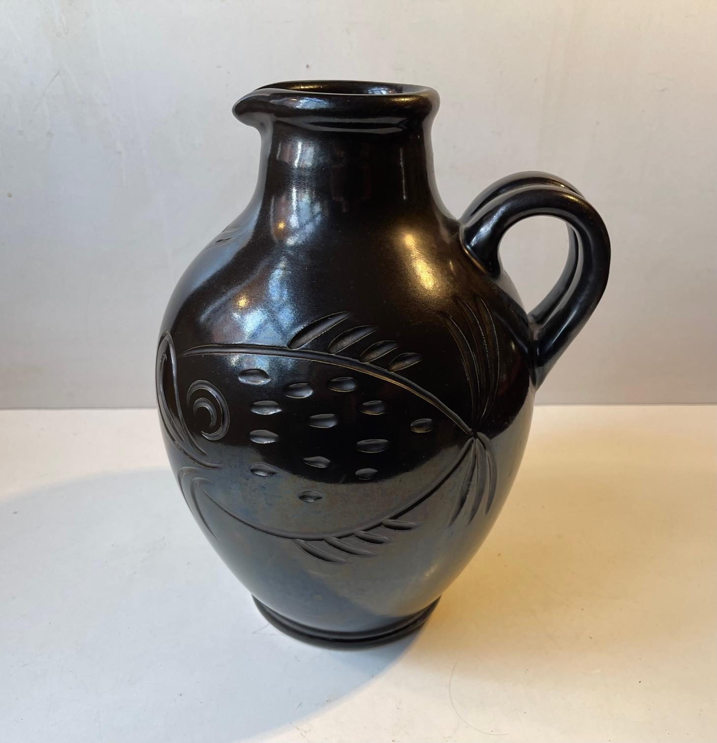 Black Art Deco Fish Vase in Glazed Terracotta by Michael Andersen & Son, 1940s 3