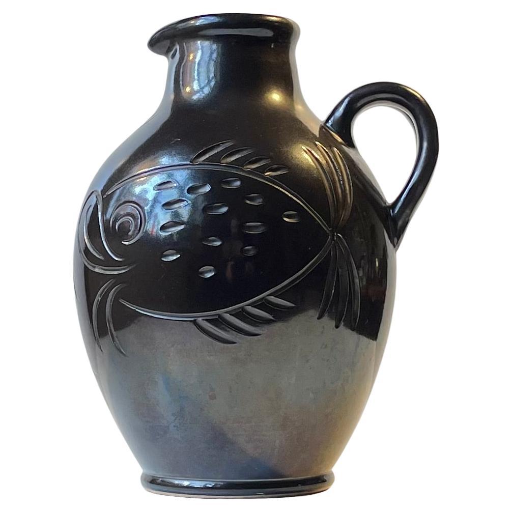 Black Art Deco Fish Vase in Glazed Terracotta by Michael Andersen & Son, 1940s