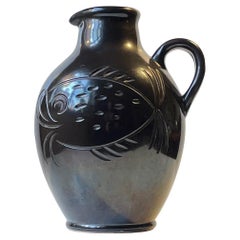 Vintage Black Art Deco Fish Vase in Glazed Terracotta by Michael Andersen & Son, 1940s