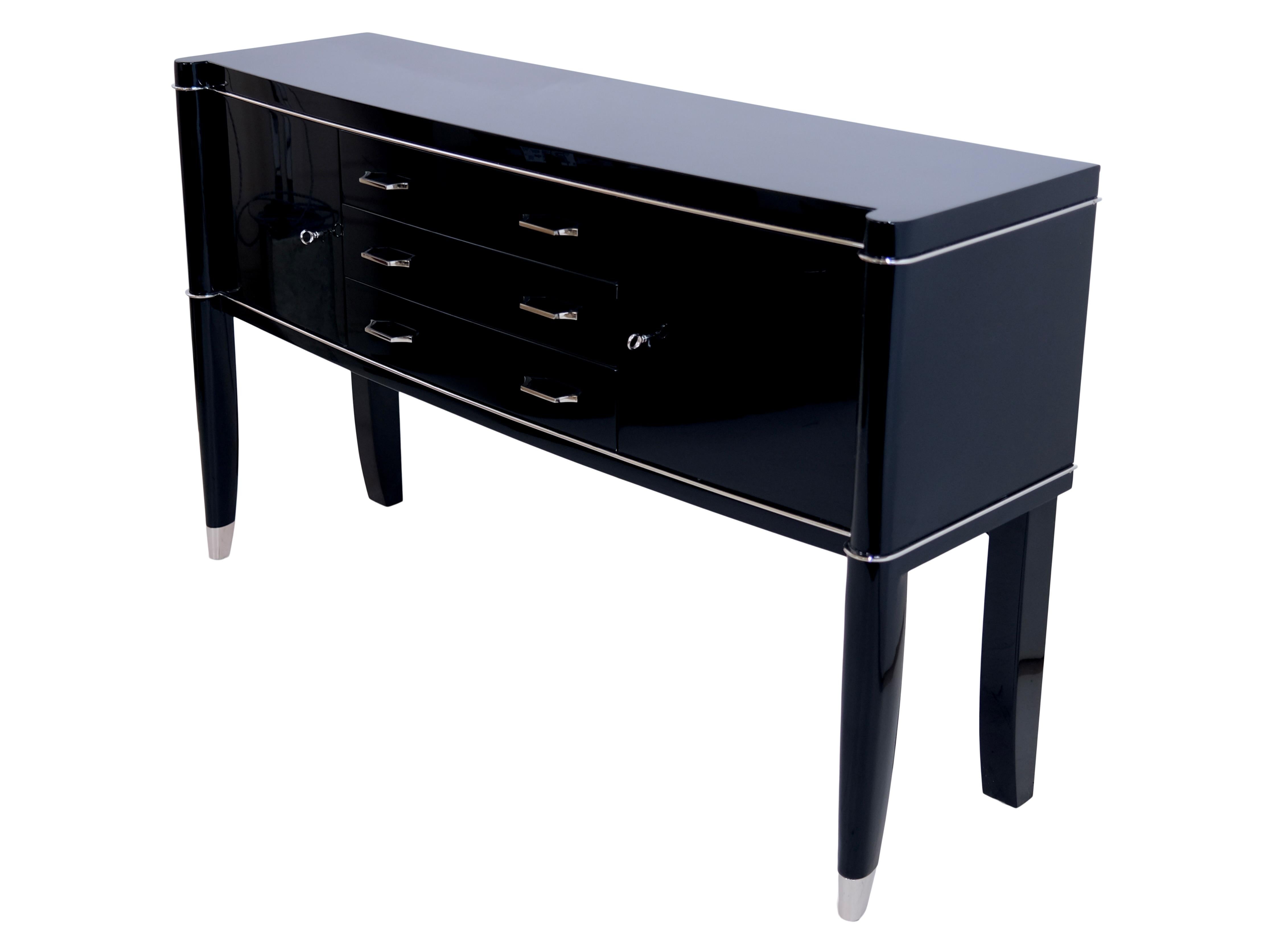 Blackened Black Lacquer Art Deco Sideboard Console Table by De Coene Frères Belgium 1940s For Sale