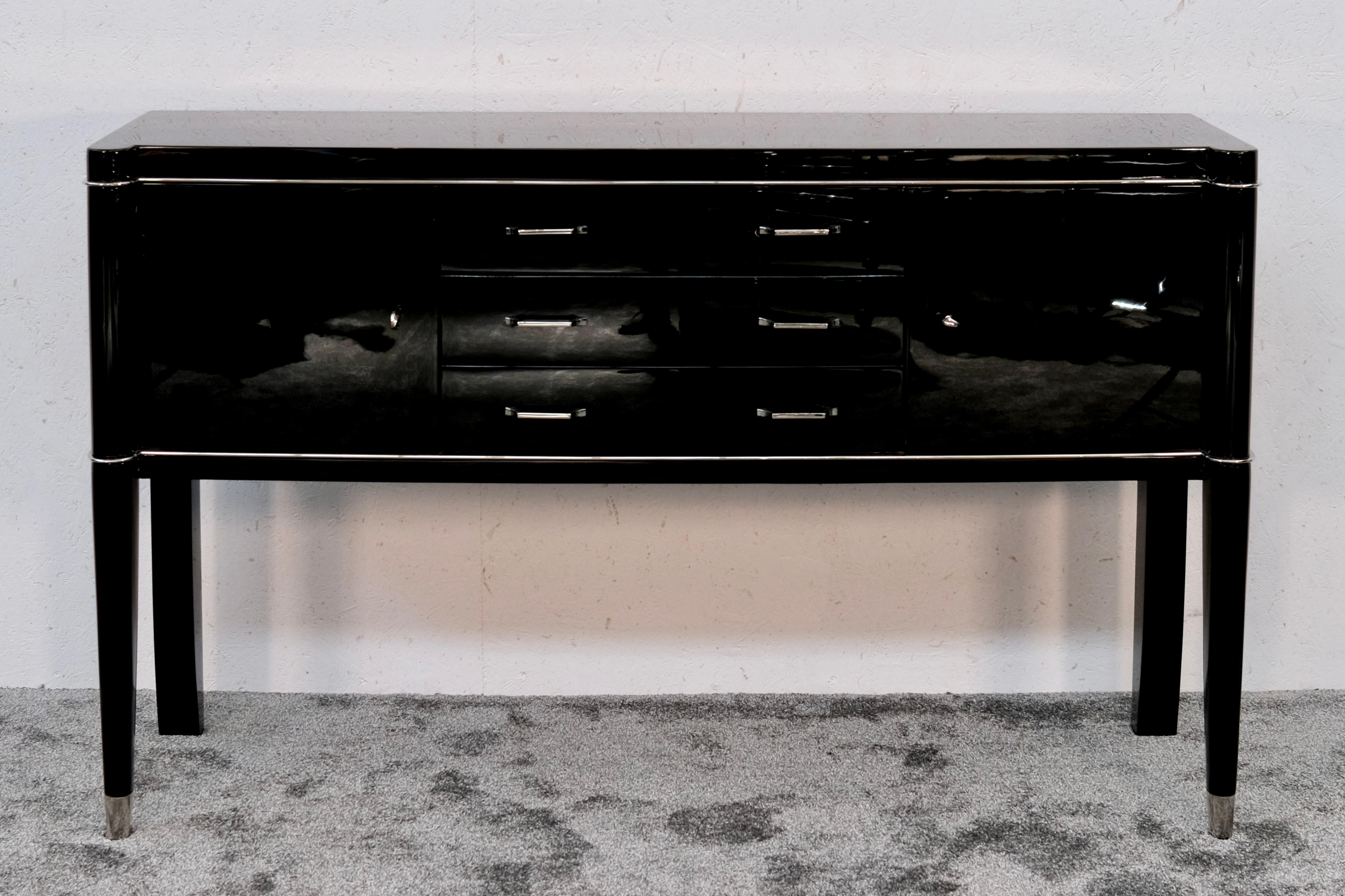 Brass Black Lacquer Art Deco Sideboard Console Table by De Coene Frères Belgium 1940s For Sale