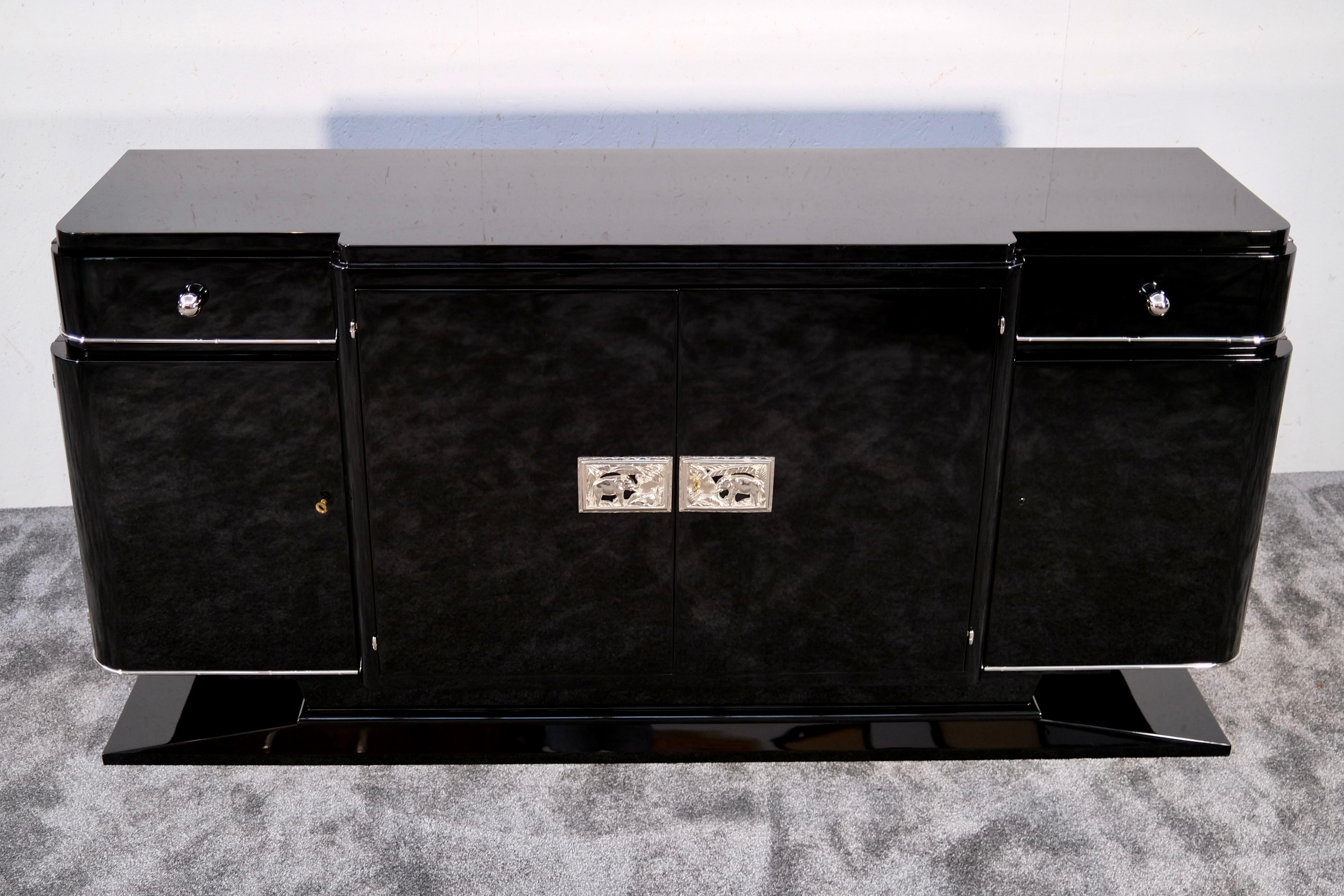 Black Art Deco Sideboard with Chromed Elephant Pattern, France 1930s For Sale 4