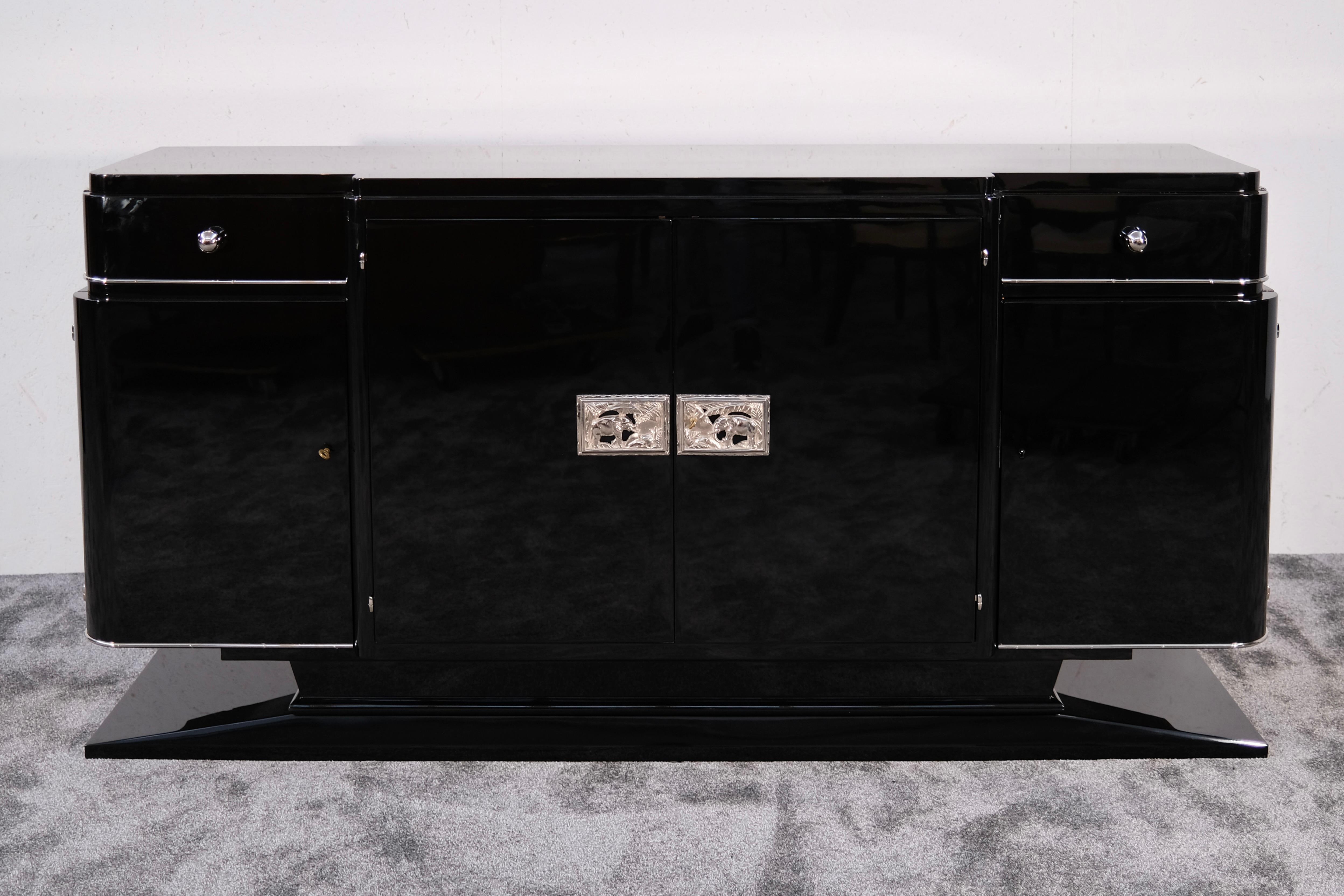 French Black Art Deco Sideboard with Chromed Elephant Pattern, France 1930s For Sale
