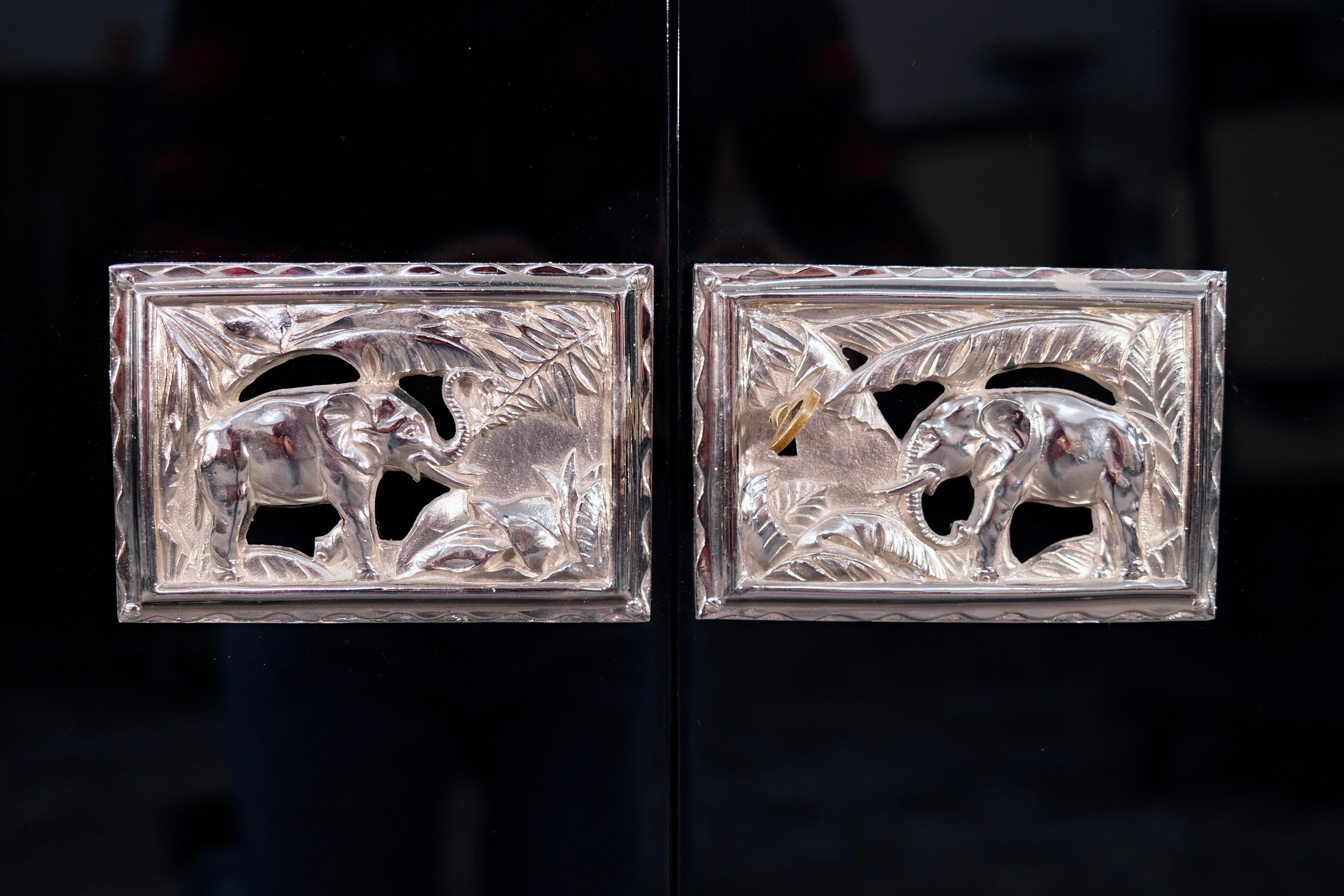 Black Art Deco Sideboard with Chromed Elephant Pattern, France 1930s In Good Condition For Sale In Ulm, DE