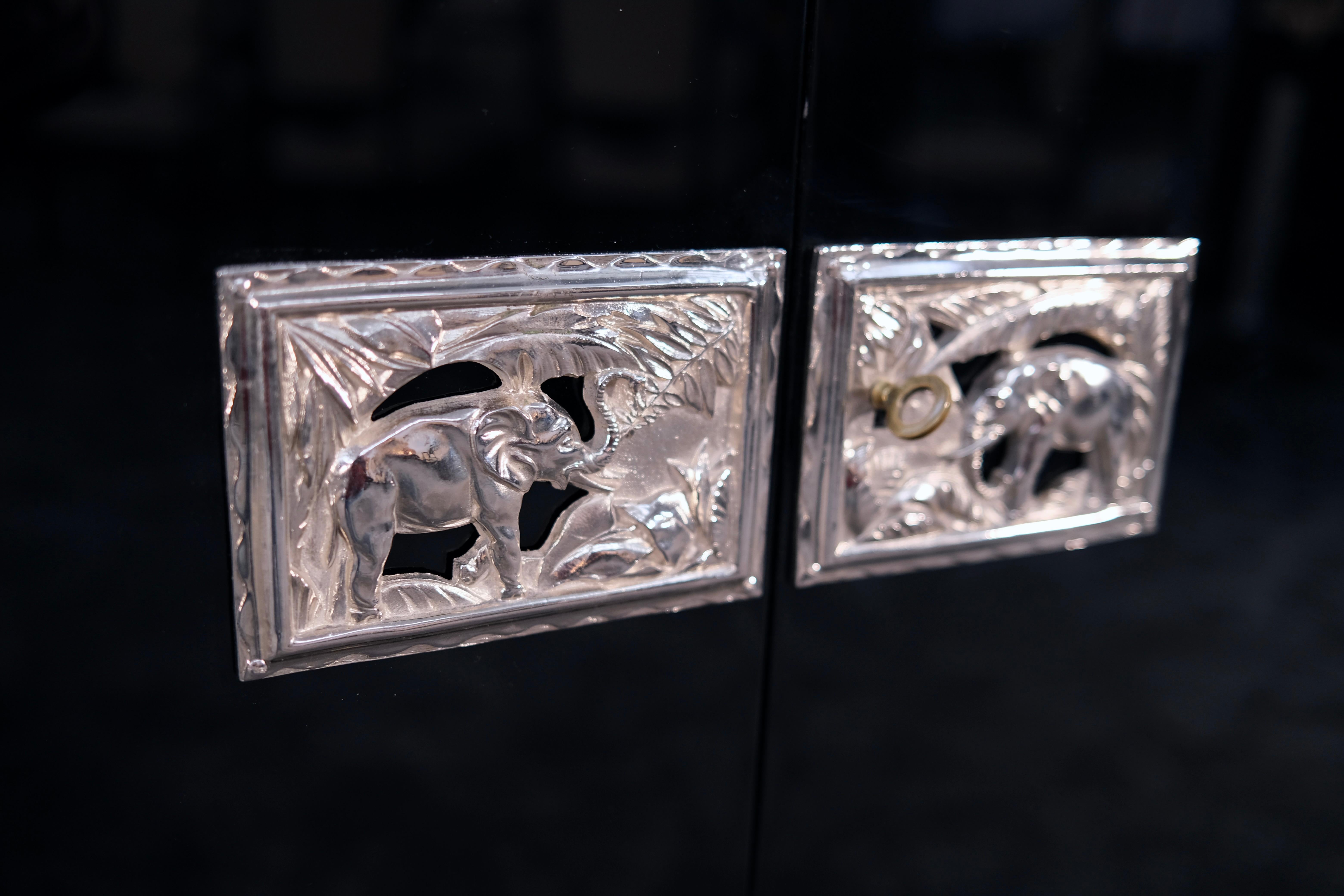 Mid-20th Century Black Art Deco Sideboard with Chromed Elephant Pattern, France 1930s For Sale
