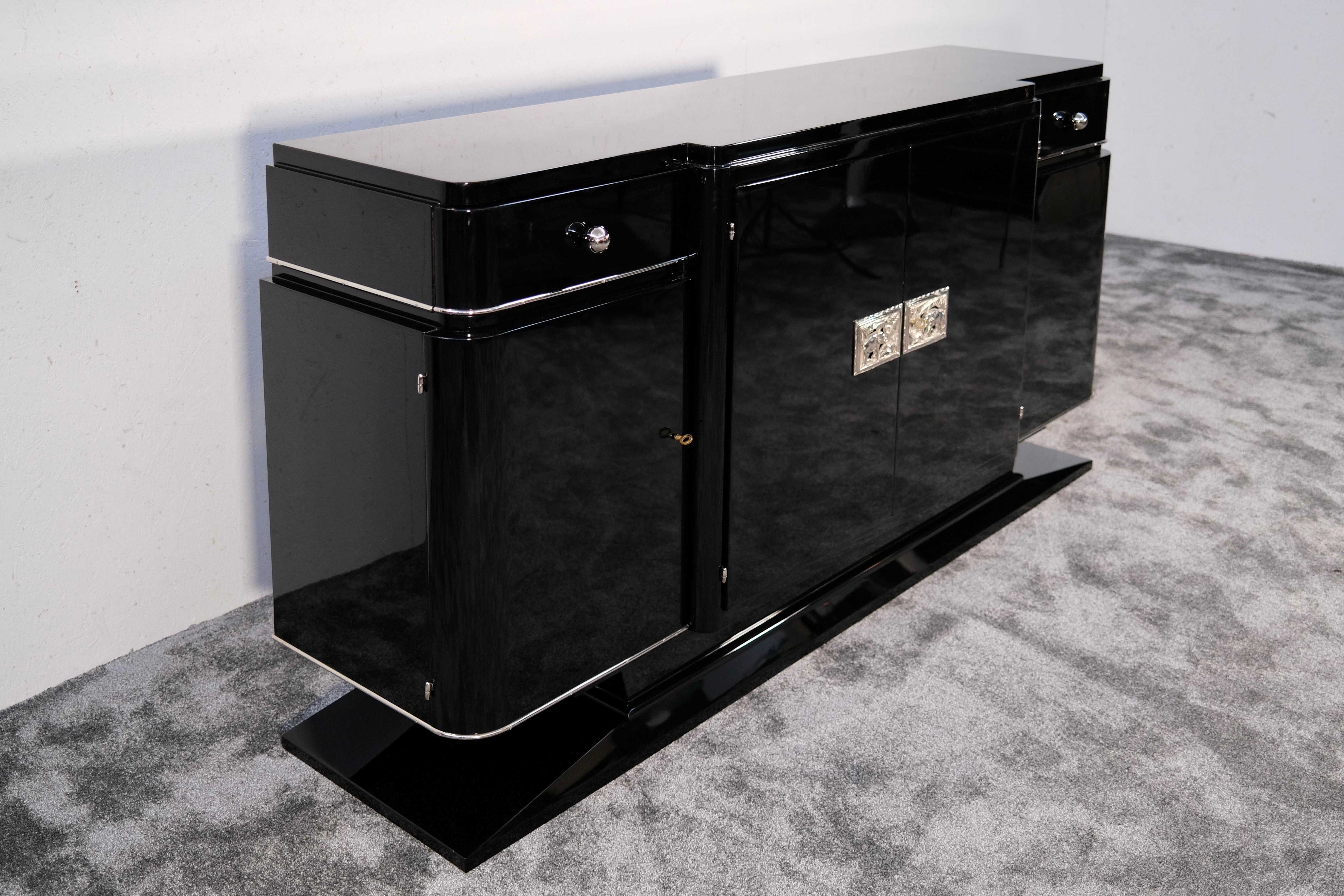 Beech Black Art Deco Sideboard with Chromed Elephant Pattern, France 1930s For Sale