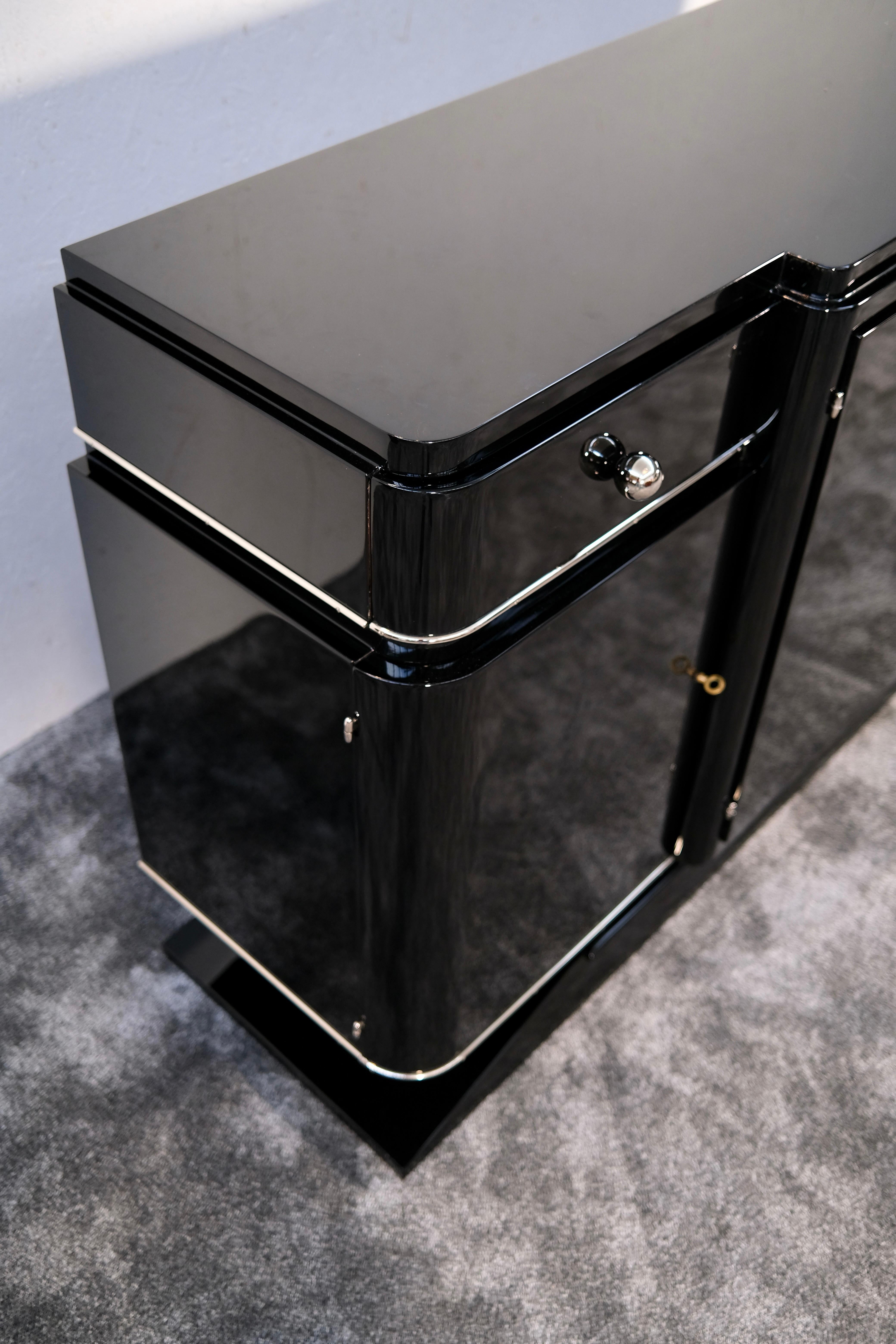 Black Art Deco Sideboard with Chromed Elephant Pattern, France 1930s For Sale 1