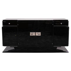 Black Art Deco Sideboard with Chromed Elephant Pattern, France 1930s