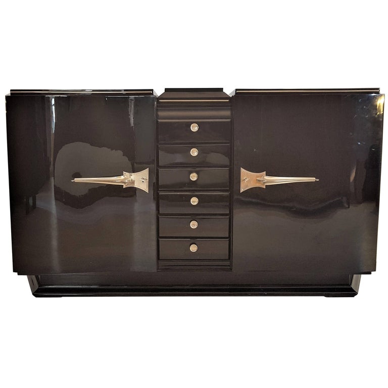 Schwarze Art Deco Anrichte mit Serpentin Türen 1