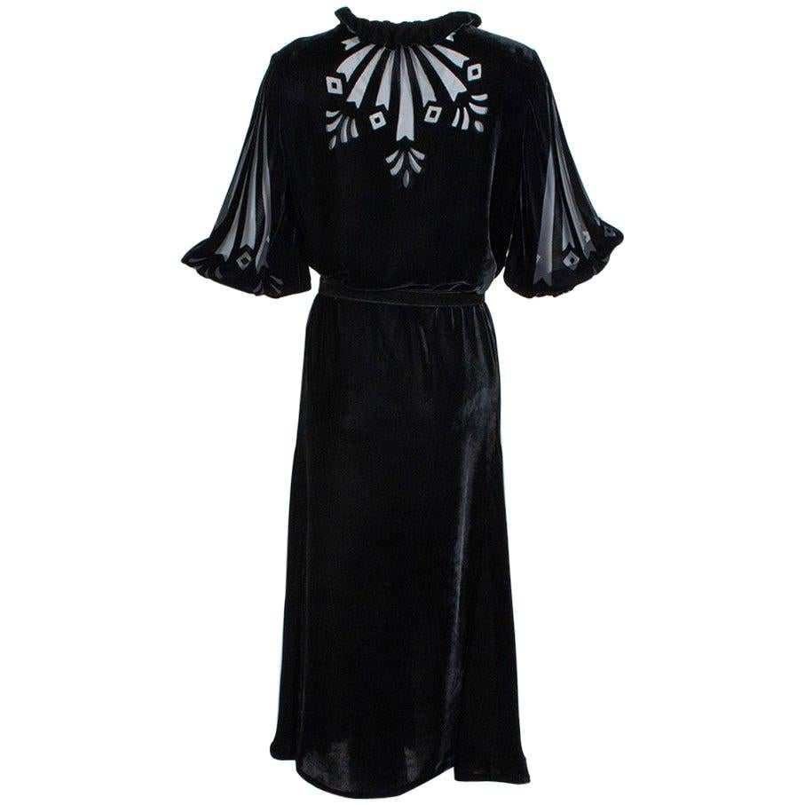 Black Art Deco Starburst Burnout Velvet Cocktail Dress - Medium, 1930s