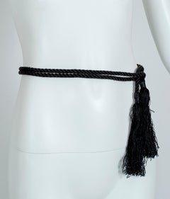 Cintura in corda di seta intrecciata Art Deco nera, lariat o girocollo - 70", anni '20