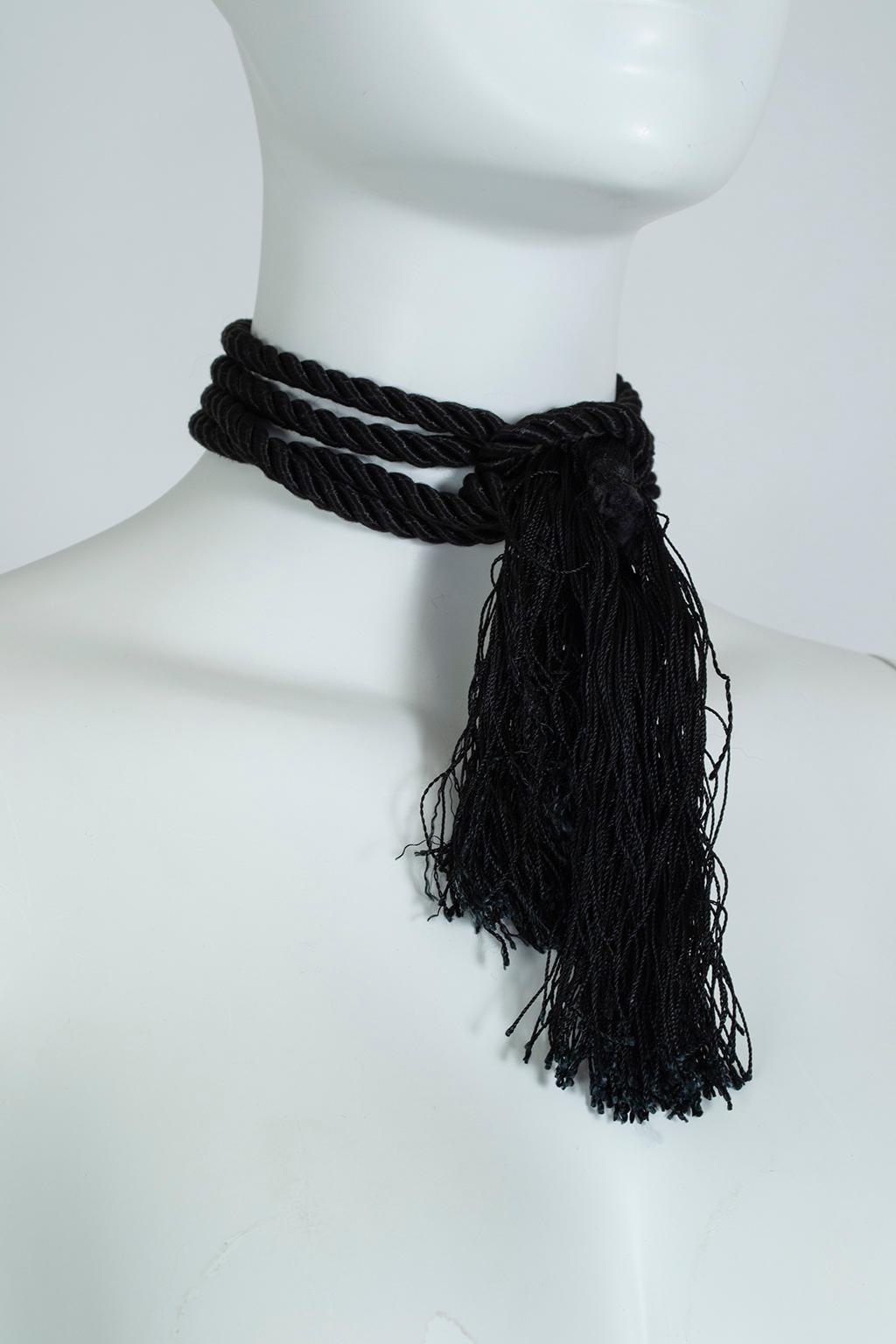 Women's or Men's Black Art Deco Braided Silk Tassel Rope Belt, Lariat or Choker – 70