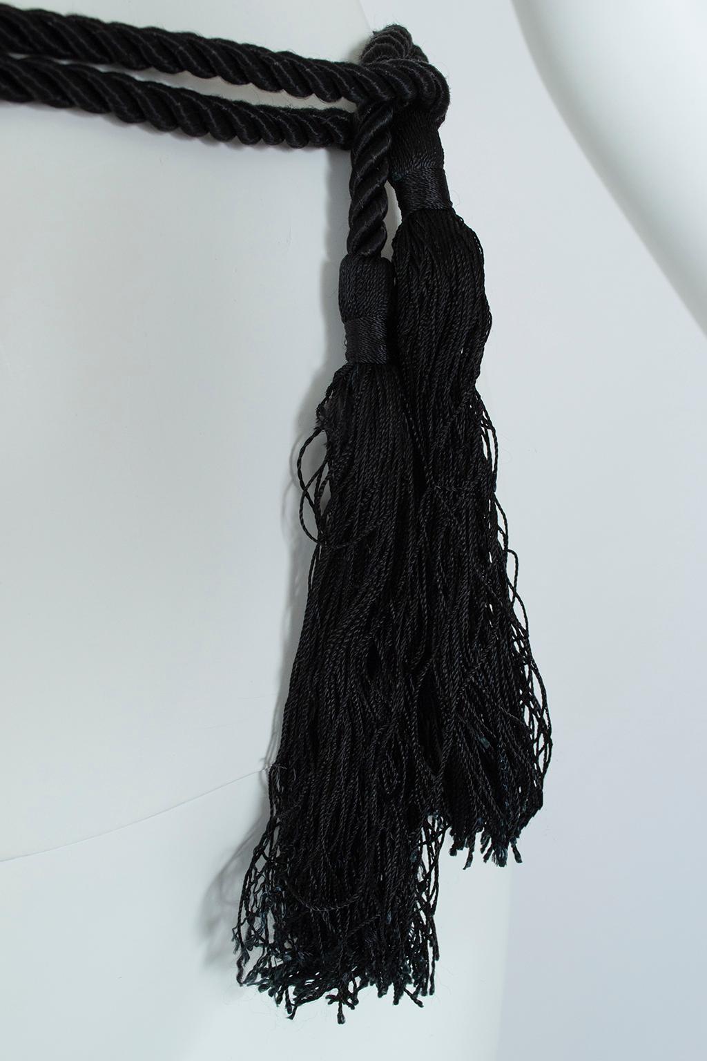 Black Art Deco Braided Silk Tassel Rope Belt, Lariat or Choker – 70