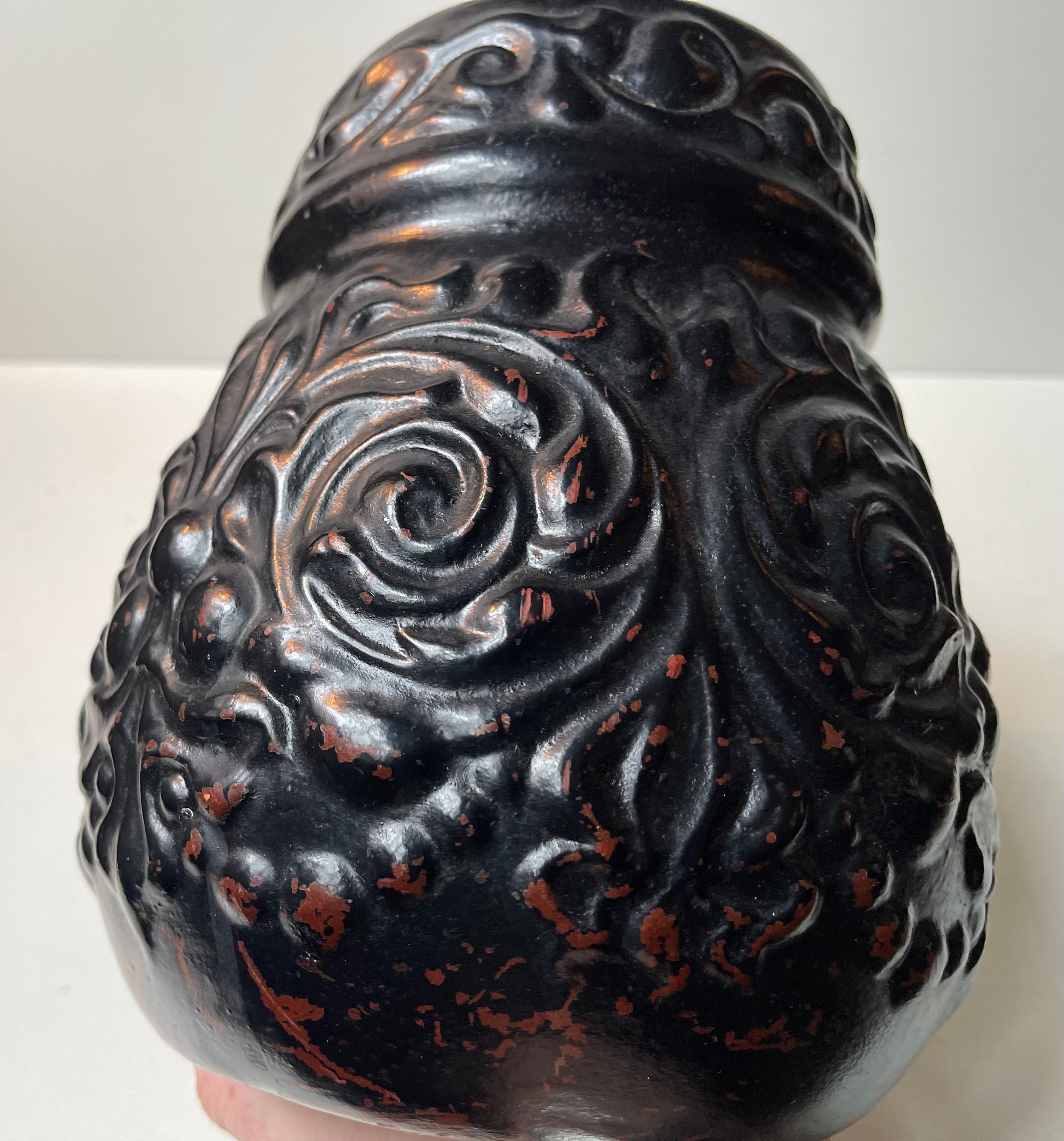 Art Déco Black Art Deco Terracotta Relief Vase from Knabstrup, 1920s in vendita