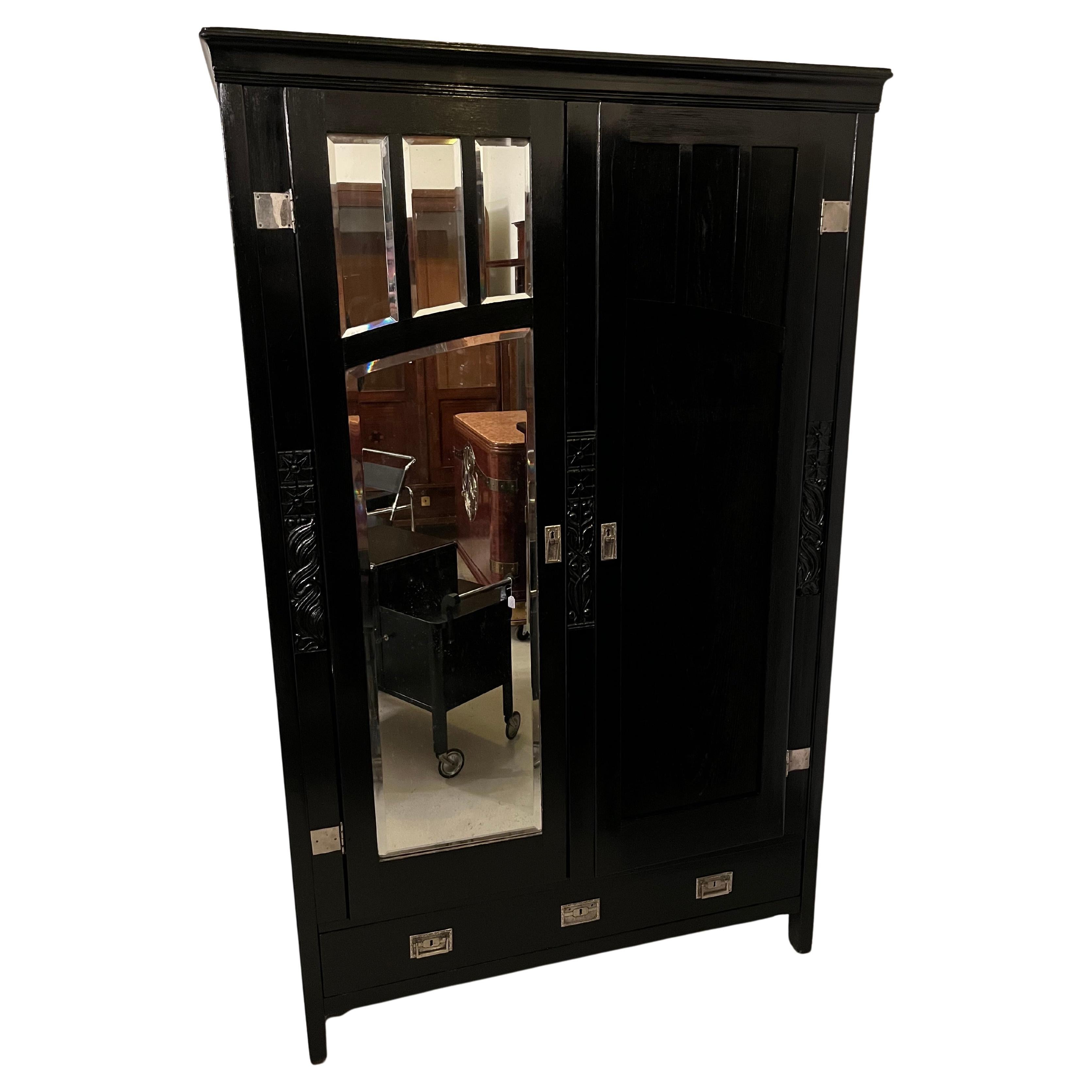 2 x Black Art Nouveau Wardrobe with floral Carvings (Vienna, circa 1905) For Sale
